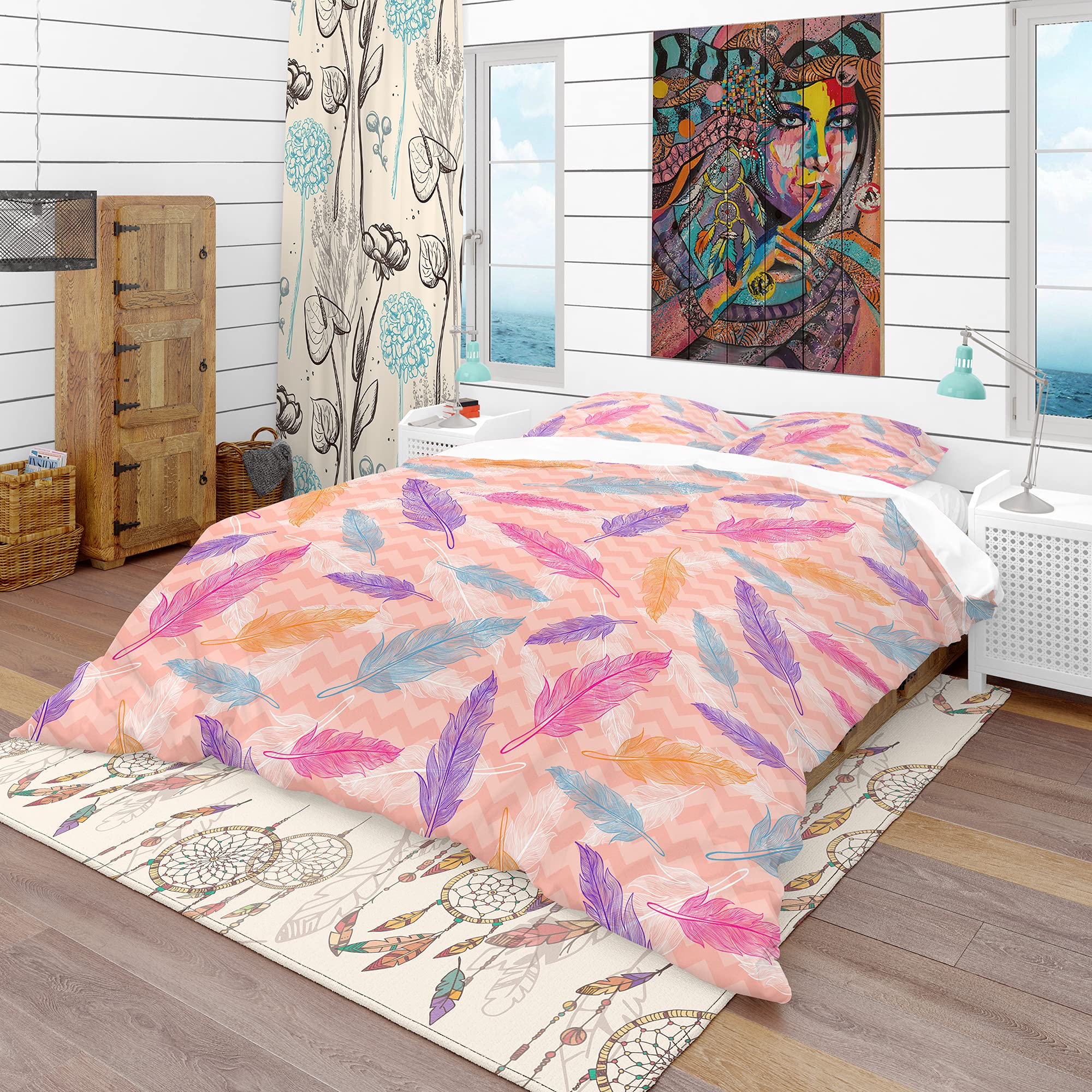 DesignQ Pink Abstract Feathers Duvet Cover Set King - 3 Piece Modern Contemporary Bedding, Soft & Breathable All Season Comforter Cover - Perfect for Master Bedroom, Guest Room & Cozy Home Decor