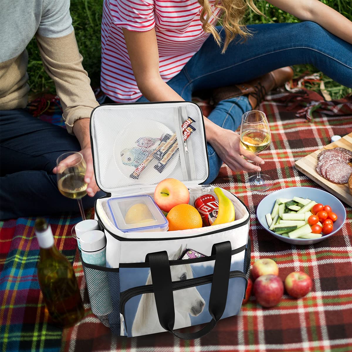 Large Insulated Cooler Bag for Camping, Picnic, Beach & Travel - Waterproof, Leakproof & Reusable Lunch Tote with White Horse Design | Perfect for Outdoor Adventures, Work Lunches & Family Outings