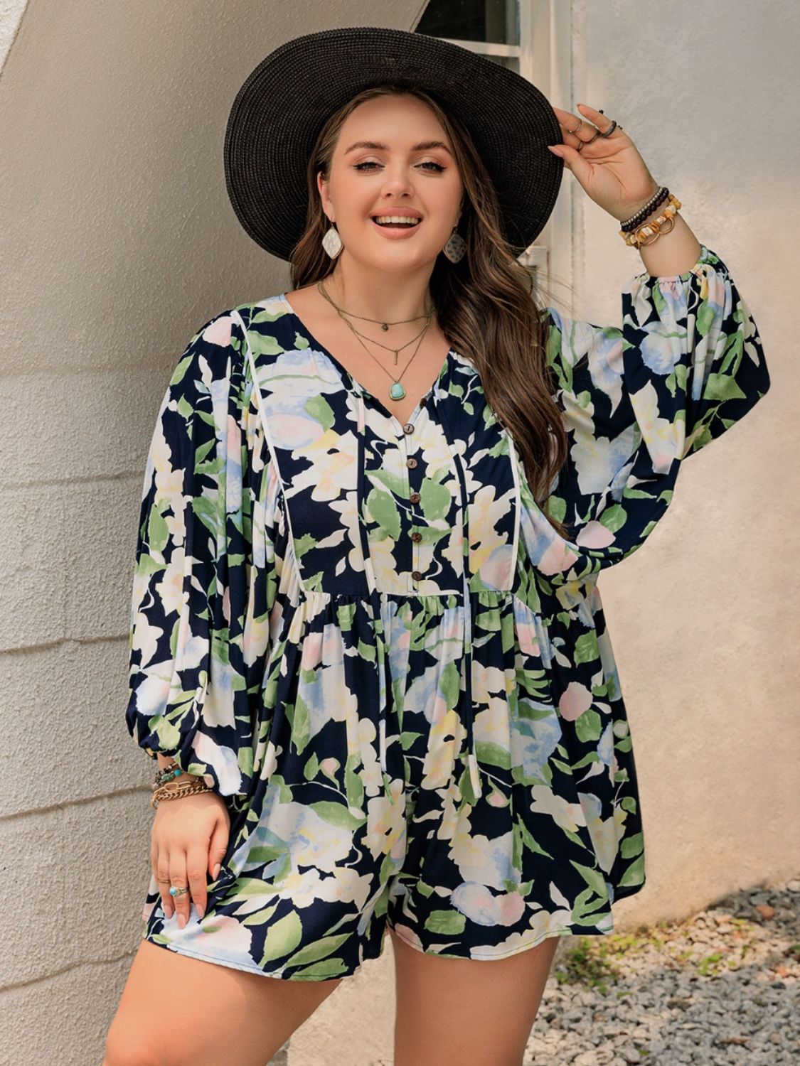 Plus Size Floral Print Tied Long Sleeve Romper Jumpsuit for Women - Casual Outfit for Date Night, Party & Vacation