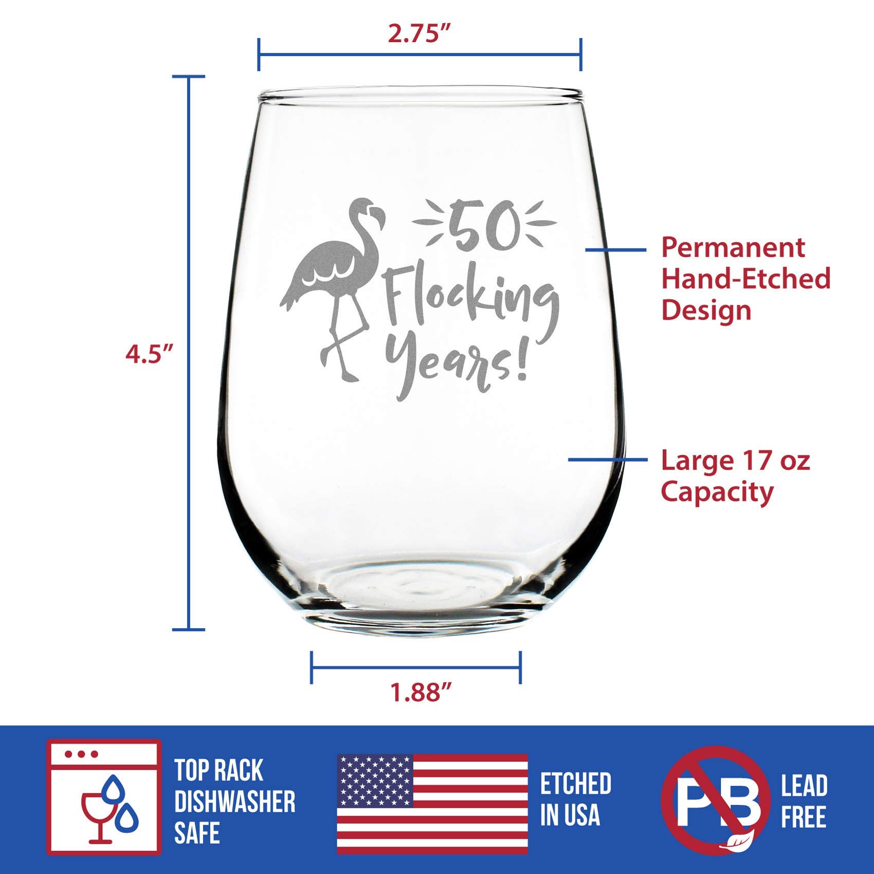 50 Flocking Years - Funny Flamingo Stemless Wine Glass for 50th Birthday, Anniversary or Reunion Gift - Large 15oz Tumbler - Perfect for Pool Parties, Bachelorette Gifts & Tropical Themed Celebrations