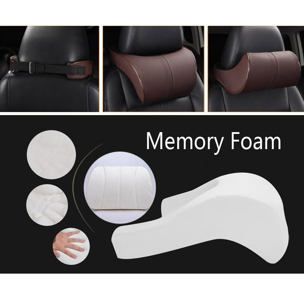 Memory Foam Lumbar Support Pillow for Car & Office Chairs - Neck & Headrest Cushion with Soft Artificial Leather Cover - Posture Corrector & Back Pain Relief - Home, Travel & Work Use (Brown)