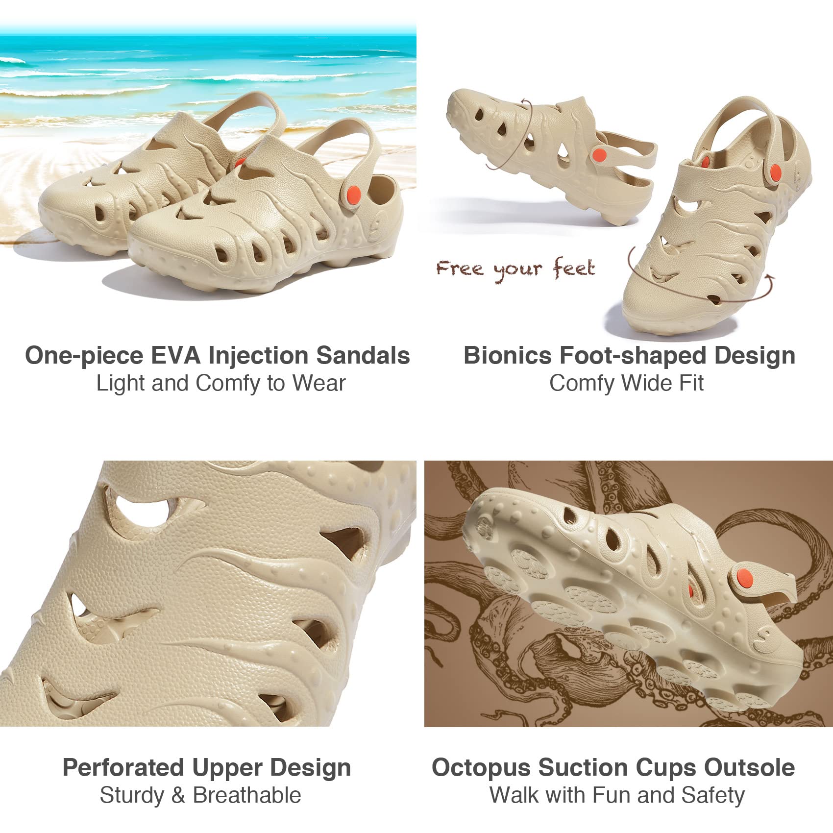 UIN Women's Comfortable Clog Garden Shoes - Slip On Beach Outdoor Slippers & Sandals with Octopus Design - Perfect for Gardening, Beach Walks, and Summer Outings