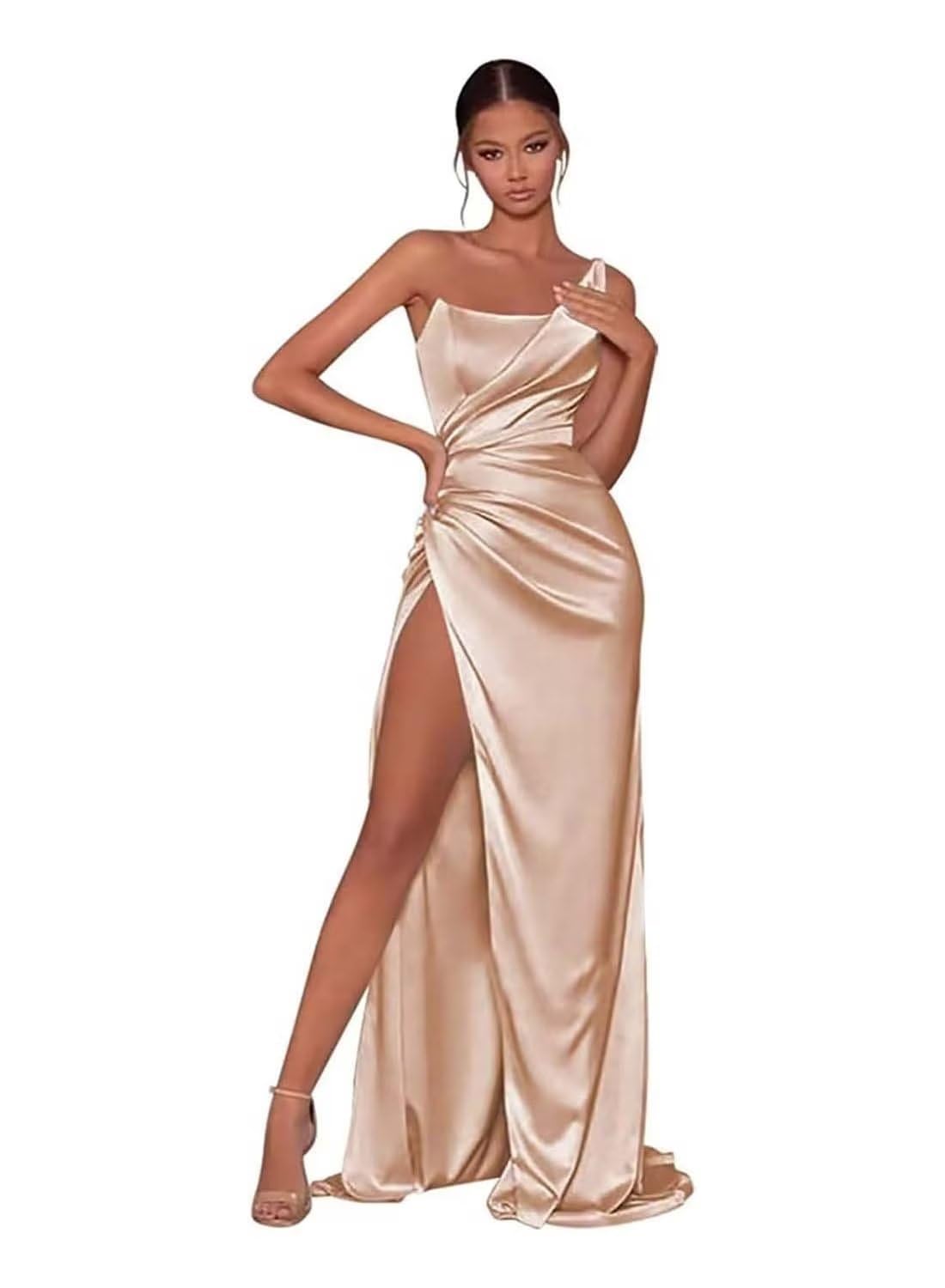 Elegant One Shoulder Prom Dresses for Women - Formal Evening Party Gown with High Slit - Satin Bridesmaid Dress for Wedding, Homecoming & Special Occasions
