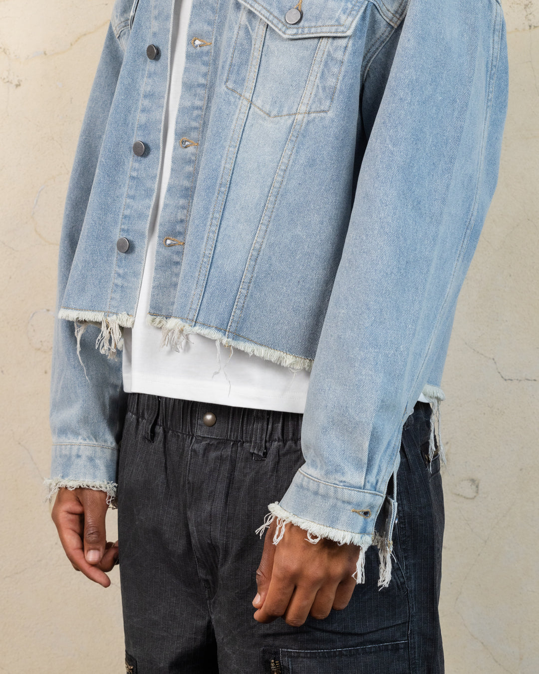 404 Riptide Cropped Denim Jacket - Distressed Blue Wash | Vintage Style Women's Outerwear for Casual Wear & Street Fashion
