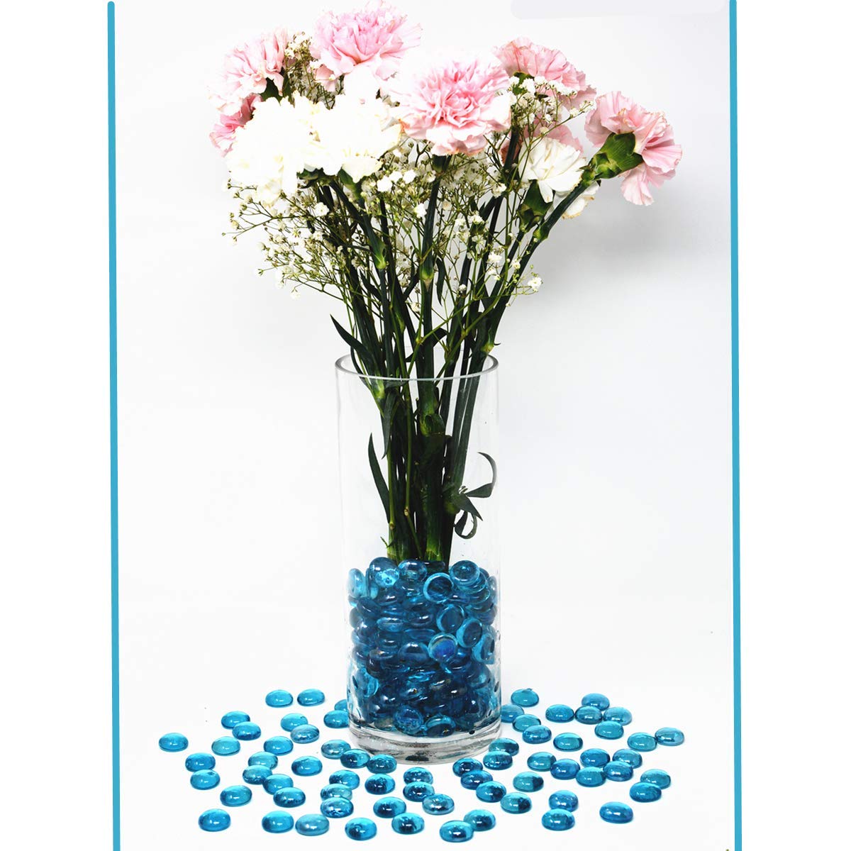 TSY TOOL 300PCS Flat Glass Marbles - 3 Lb Ocean Blue Vase Fillers, Aquarium Decor & Craft Supplies for DIY Projects, Home Decor, Wedding Centerpieces