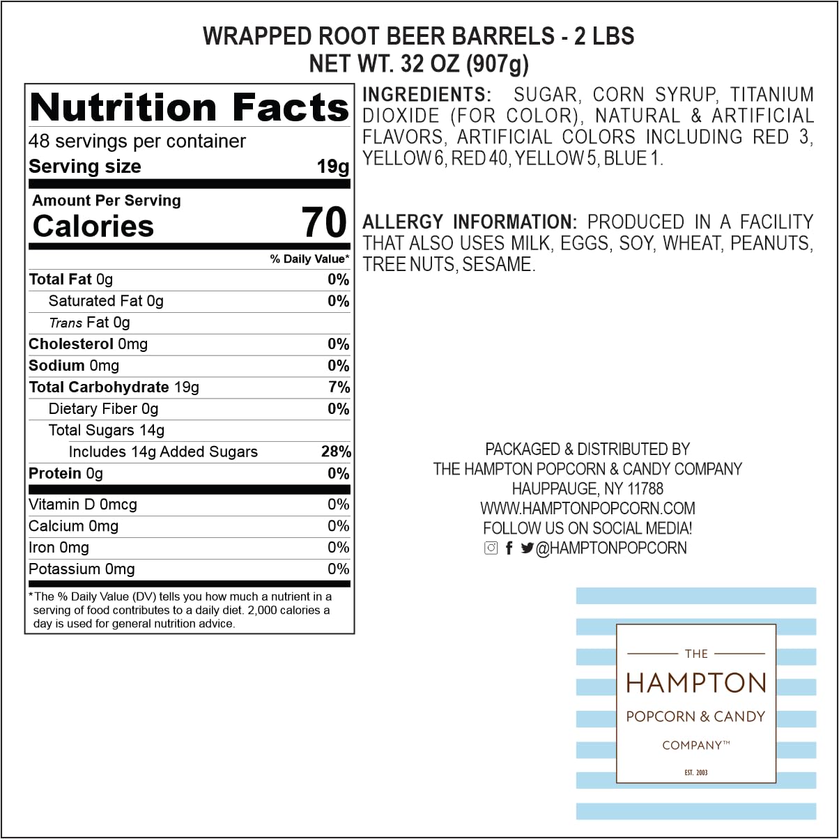 Old Fashioned Root Beer Barrels Hard Candy - 2lb Bulk Bag (Approximately 130 Pieces) - Individually Wrapped Bulk Candy for Parties, Gifts & Movie Nights - The Hampton Popcorn & Candy Company