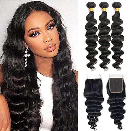 12A Grade Brazilian Virgin Loose Wave Human Hair Bundles (3 Bundles + 4x4 Lace Closure) 20