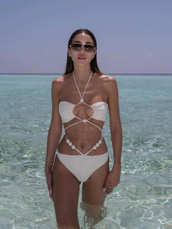 ZASUWA Women's Solid Color Pearl Lace Up Hollow Out 3 Piece Mesh Bikini Set - Sexy Swimwear for Beach, Pool Party & Summer Vacation