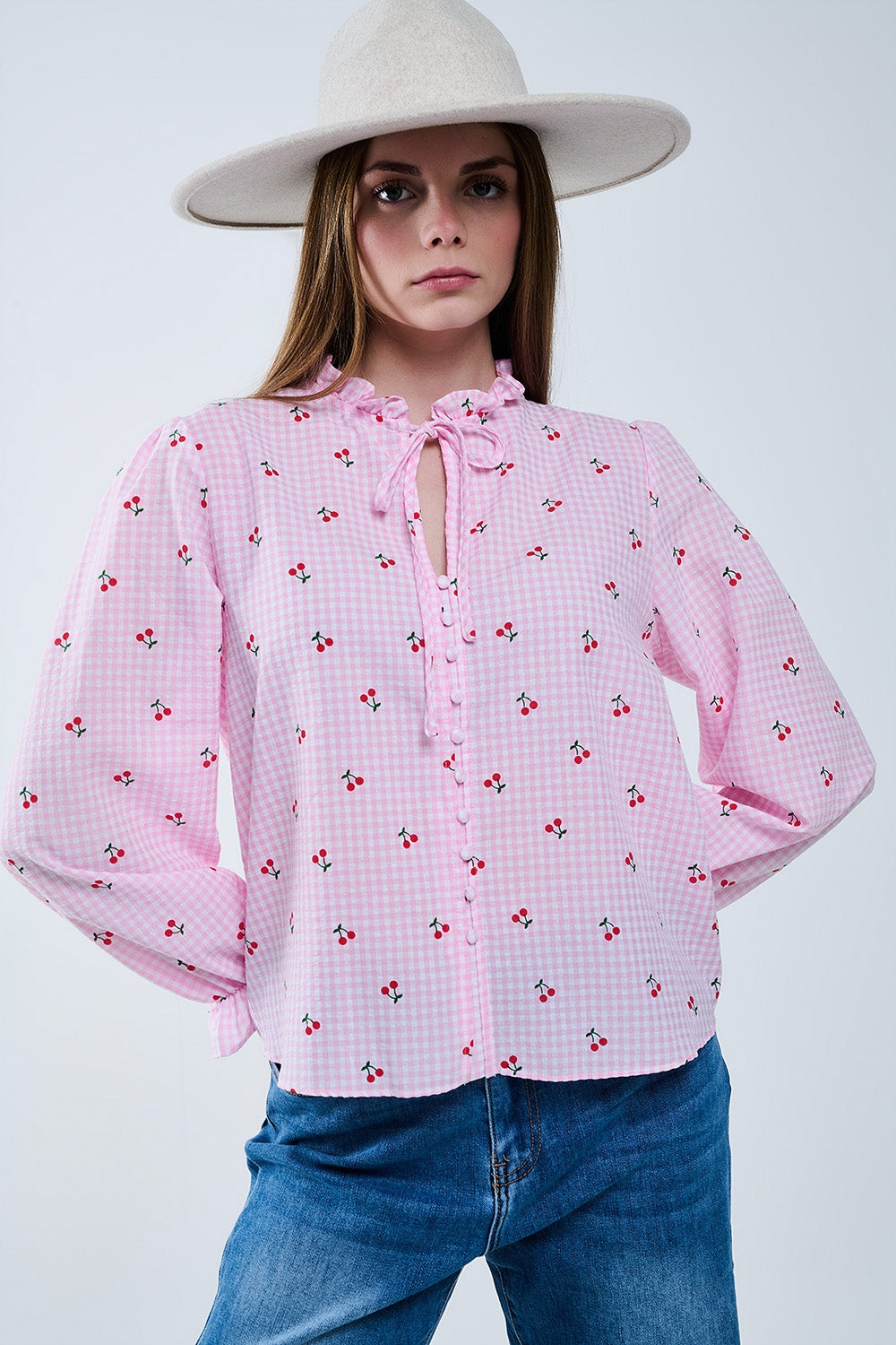 Pink Blouse with Cherry Details and Bow Tie - Elegant Women's Fashion for Work, Dates & Special Occasions