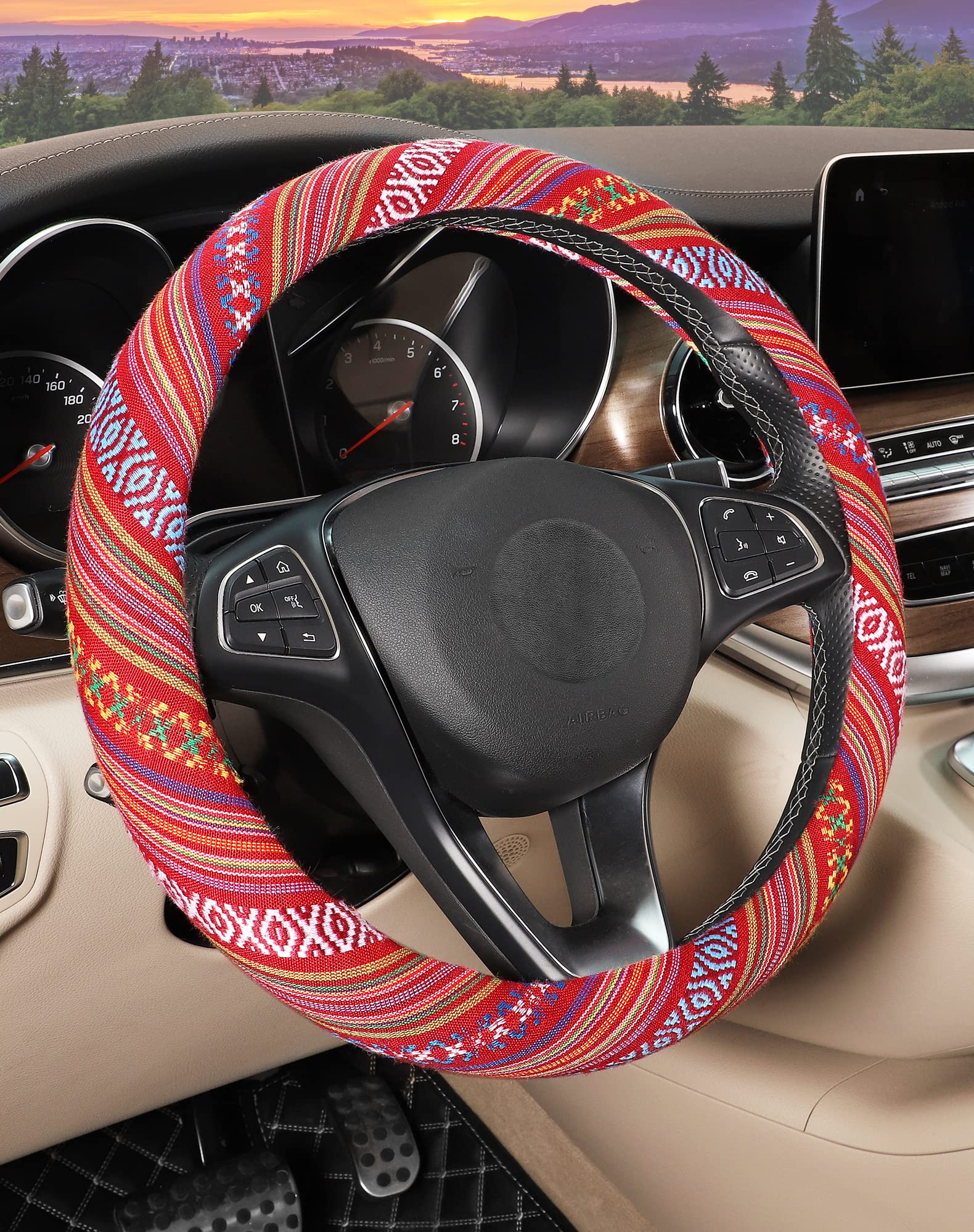 Boho Steering Wheel Cover with Baja Blanket Cloth - Ethnic Style Auto Wheel Cover Made of Coarse Flax - Fits 14.5-15.25 Inches - Perfect for Vintage Cars, SUVs & Trucks - Adds Style & Comfort to Your Drive