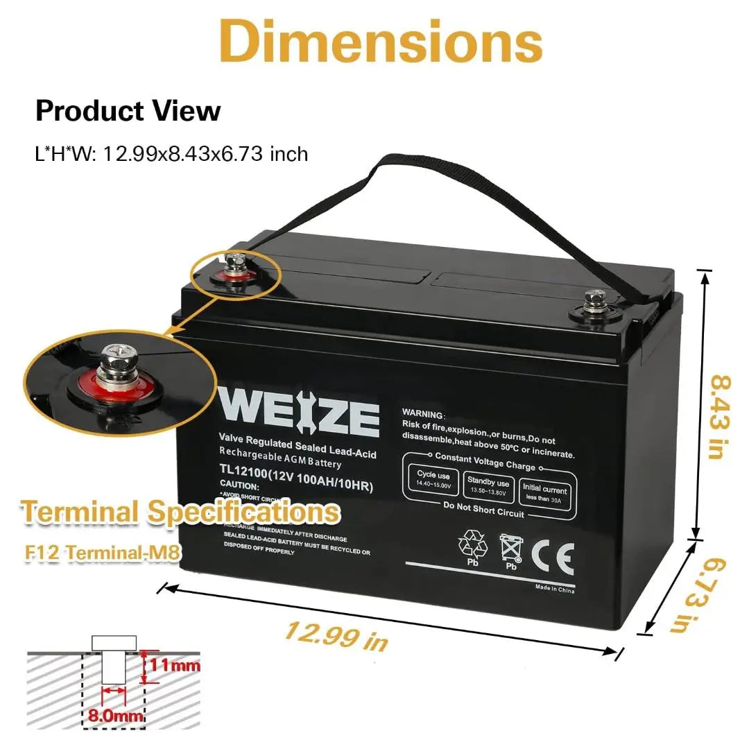 WEIZE 12V 100Ah Deep Cycle AGM Battery - Group Size 31 SLA Battery for RV, Marine, Solar & Off-Grid Power Systems - Maintenance-Free & Long-Lasting Performance