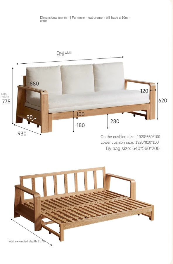 Oak Solid Wood Nordic Telescopic Sofa Bed - Space Saving Convertible Couch for Small Apartments & Guest Rooms | Modern Scandinavian Furniture for Living Room & Studio