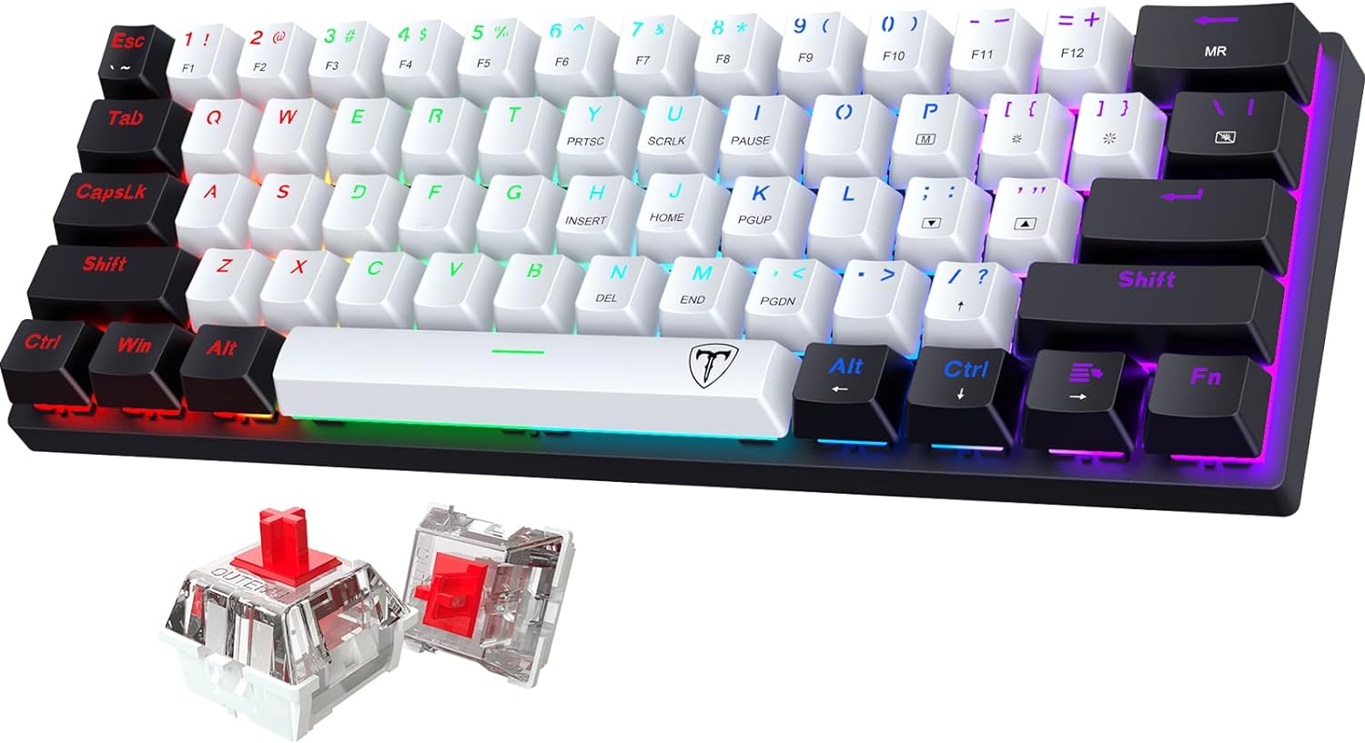 Portable 60% Mechanical Gaming Keyboard with Red Switches - Wired Ergonomic 61-Key Compact Keyboard for PC, Mac & Xbox - 18 LED Backlit Mini Office Keyboard (Black/White) - Perfect for Travel, Gaming & Work
