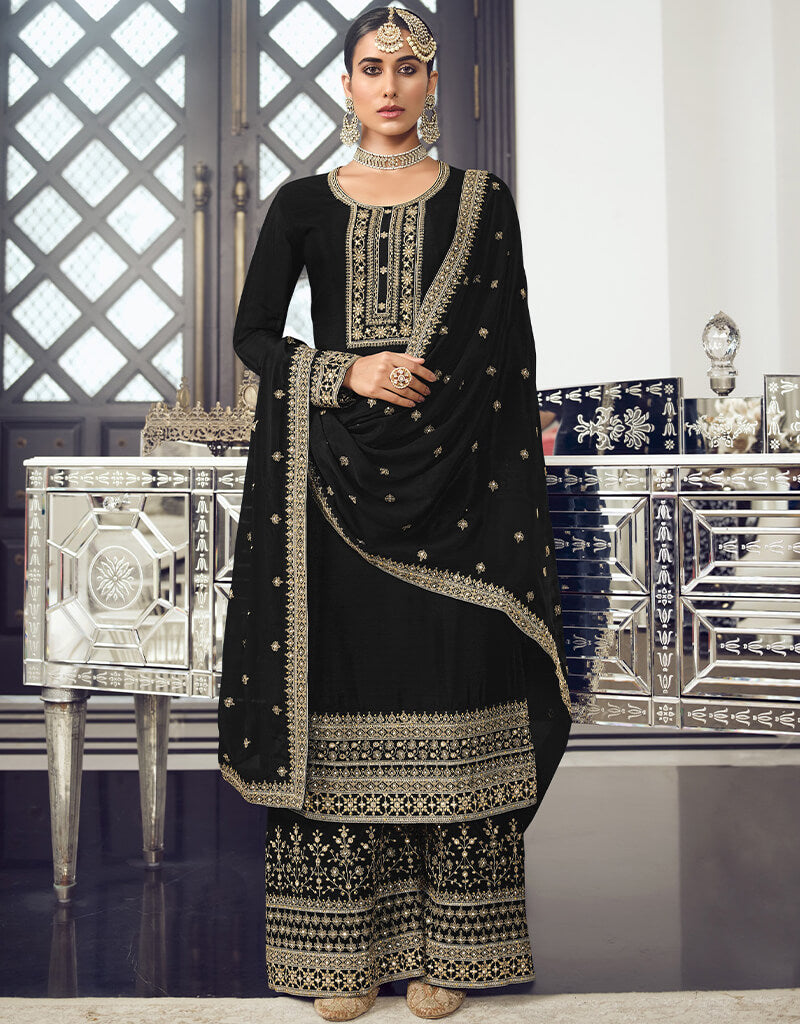 Elegant Black Dola Silk Palazzo Suit for Women - Indian Ethnic Wear for Weddings, Parties & Festive Occasions