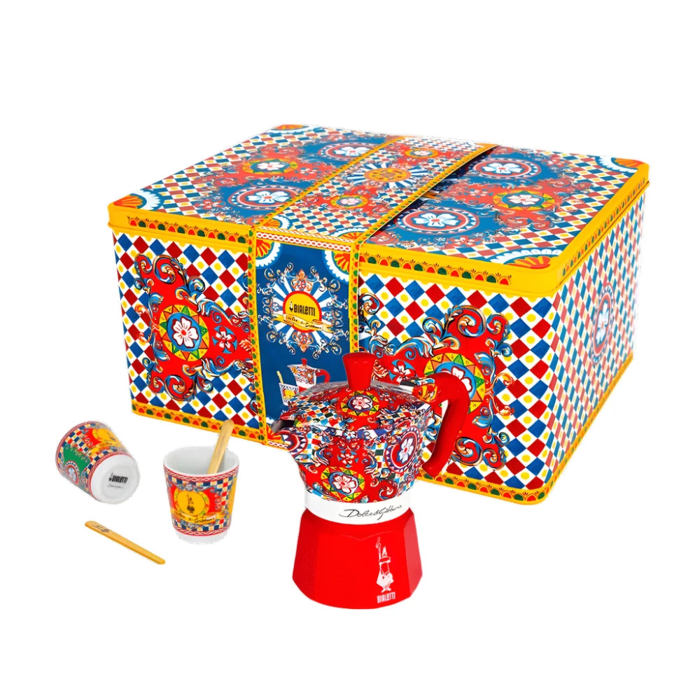 Bialetti Dolce&Gabbana Sicilian Cart Moka Express Stovetop Espresso Maker with Cups & Stirrer - Italian Coffee Gift Set for Home, Office & Travel