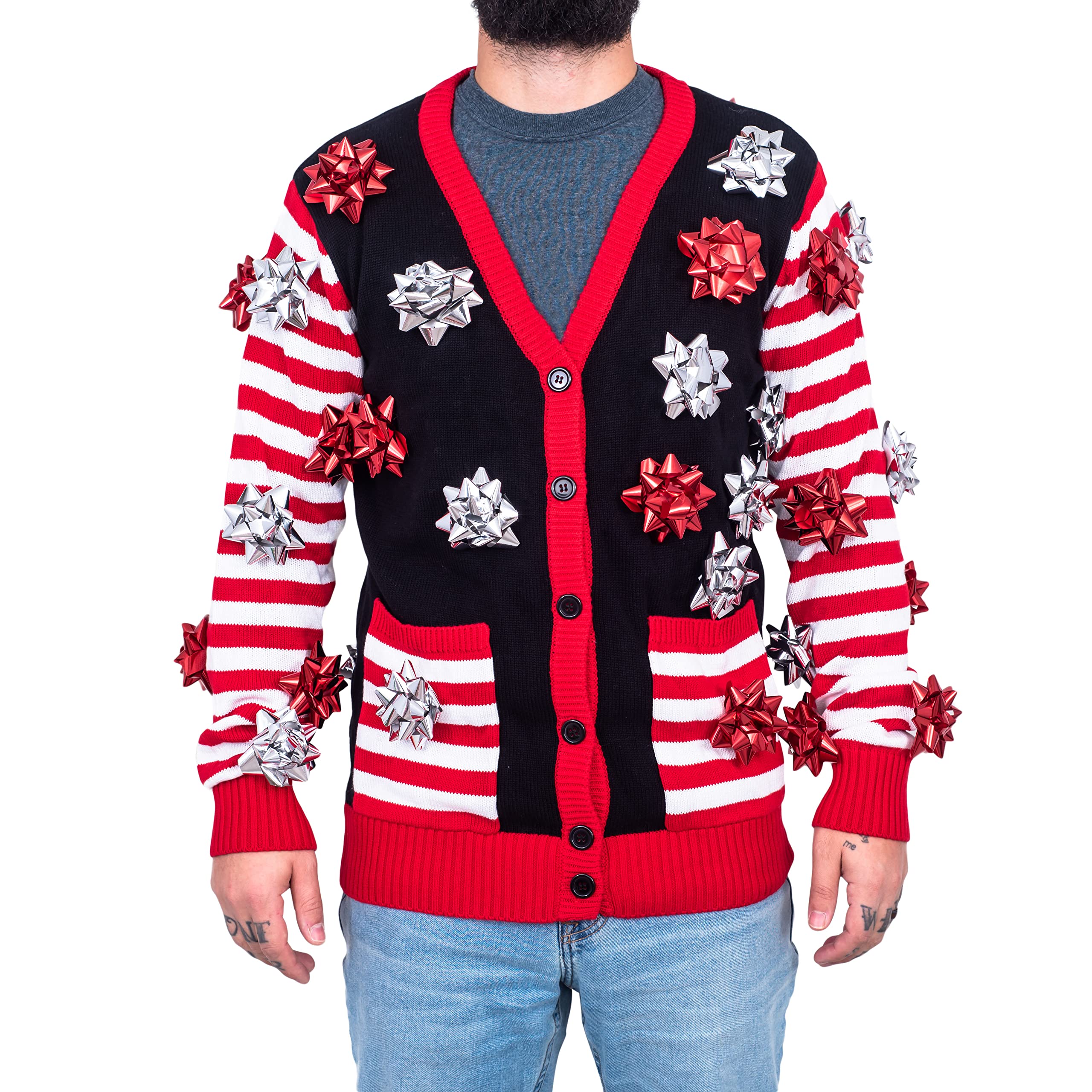 Festive Ugly Christmas Sweater - Funny Holiday Gift Wrapping Bow Cardigan for Women & Men | Perfect for Xmas Parties, Family Gatherings & Secret Santa Exchanges