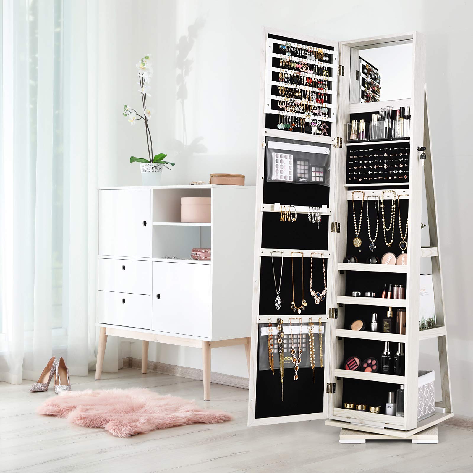 Charmaid 360° Swivel Jewelry Armoire with Full-Length Mirror & Built-In Makeup Mirror - Lockable Standing Jewelry Cabinet Organizer with Large Storage Capacity & Back Shelves (Gray-White) for Bedroom, Closet & Dressing Room Organization