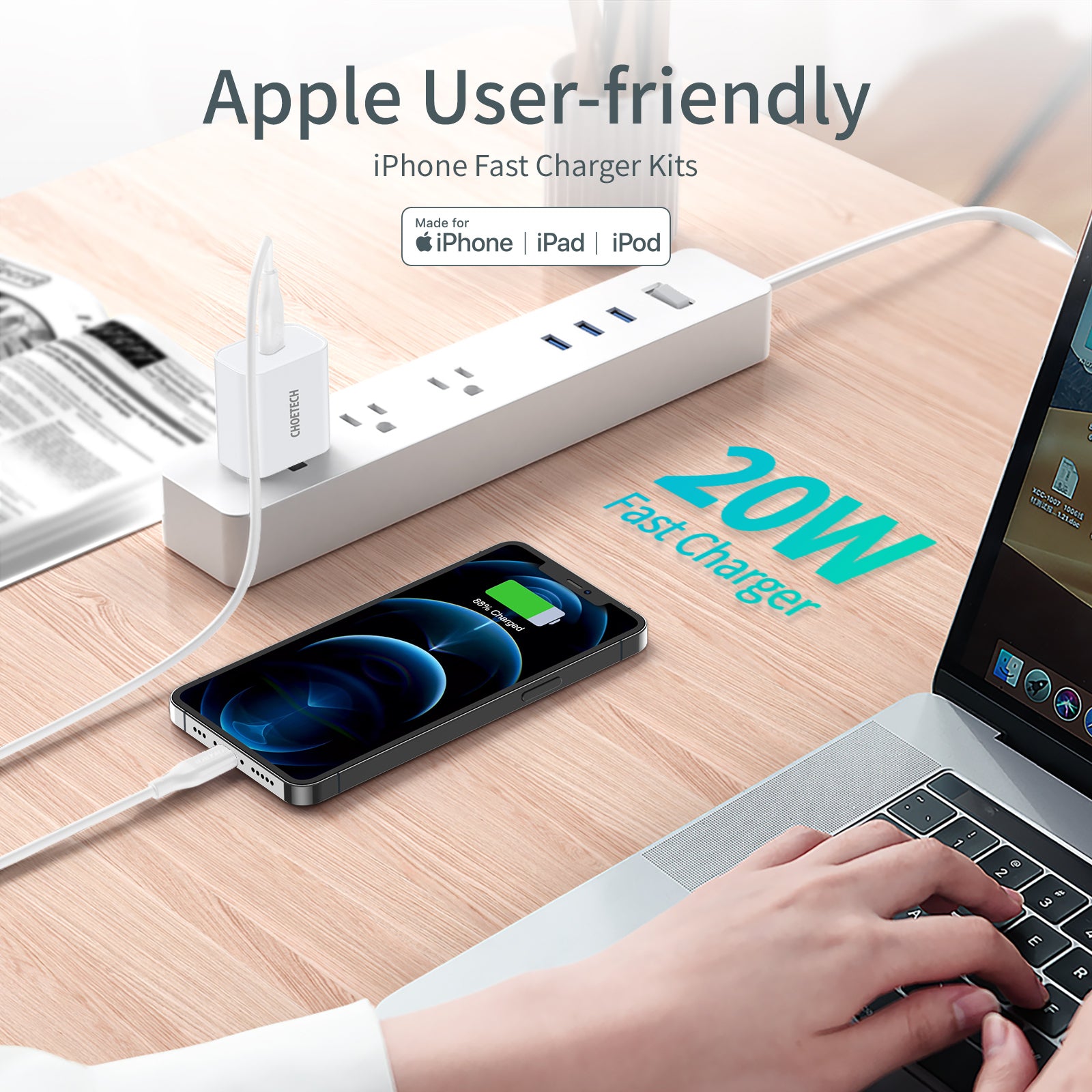 20W PD USB-C Fast Charger with MFi Certified Cable - Nylon Braided, Compatible with iPhone 14/13/12/11/Pro/Max, iPad, Samsung Galaxy - Perfect for Travel, Home & Office Charging