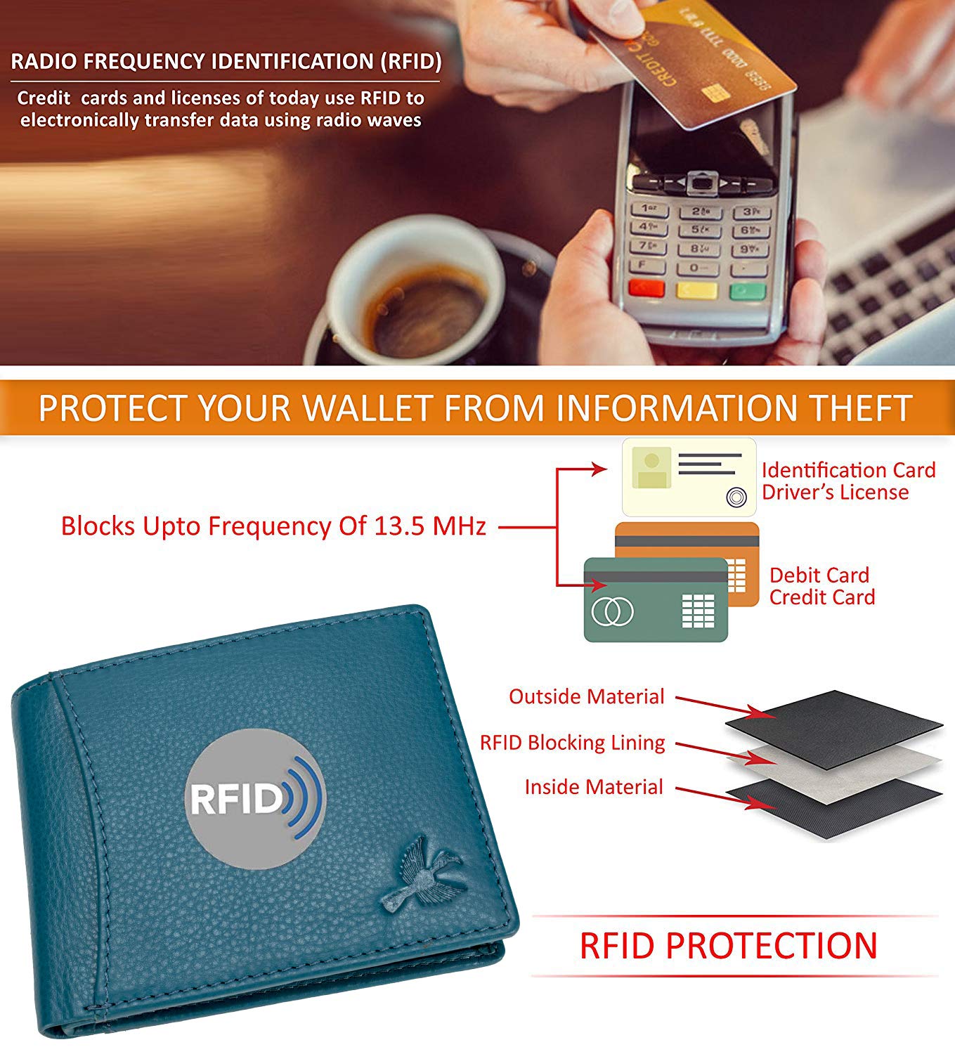 Men's Genuine Leather RFID Blocking Wallet - Slim Bifold Wallet for Men with Card Slots & Cash Pocket, Aqua Blue, Perfect for Everyday Use & Travel