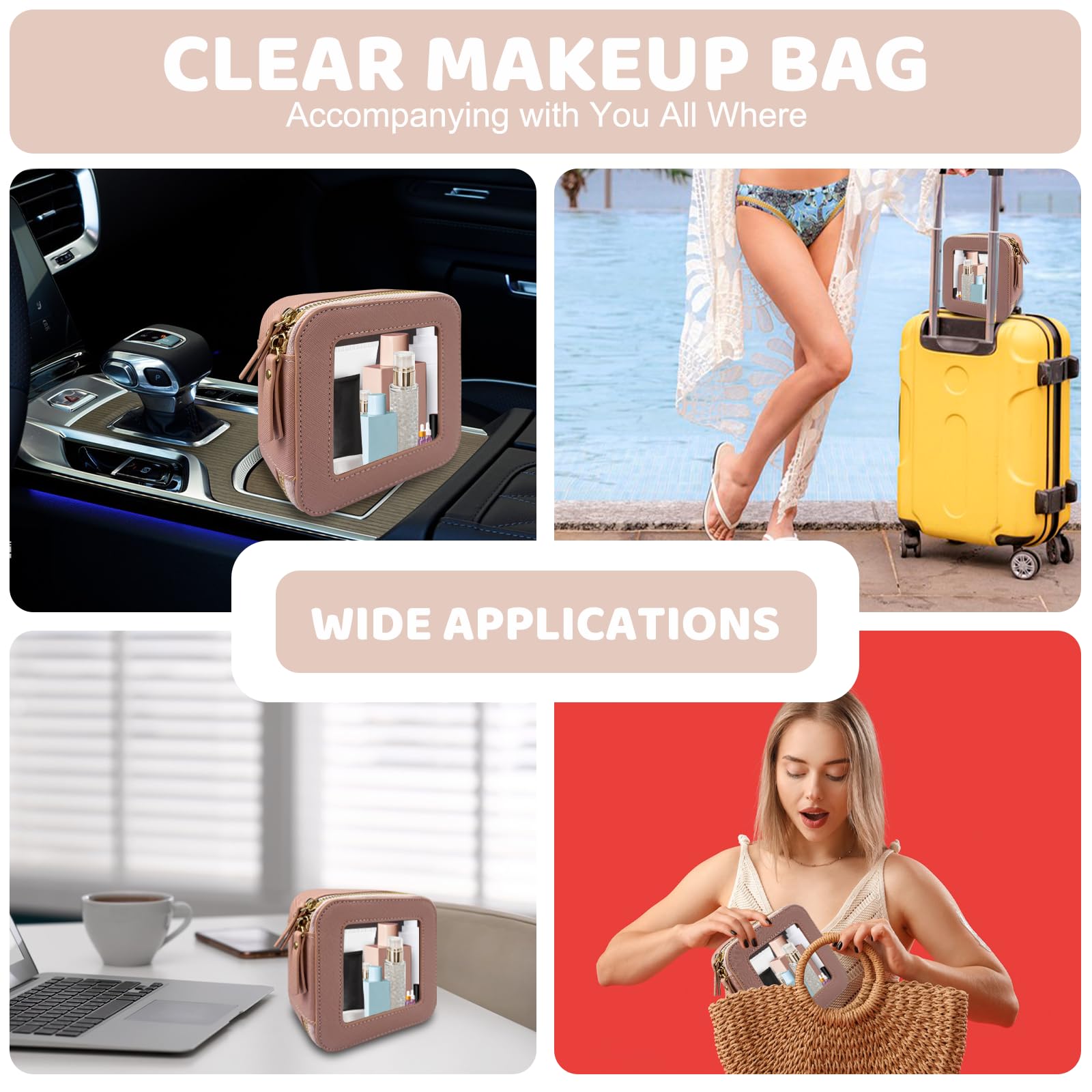 Mini Makeup Bag for Women - Small Waterproof Cosmetic & Toiletry Travel Organizer with Clear Windows & Gold Zippers | Perfect for Travel, Gym, Daily Essentials (Pink, Mini Size)