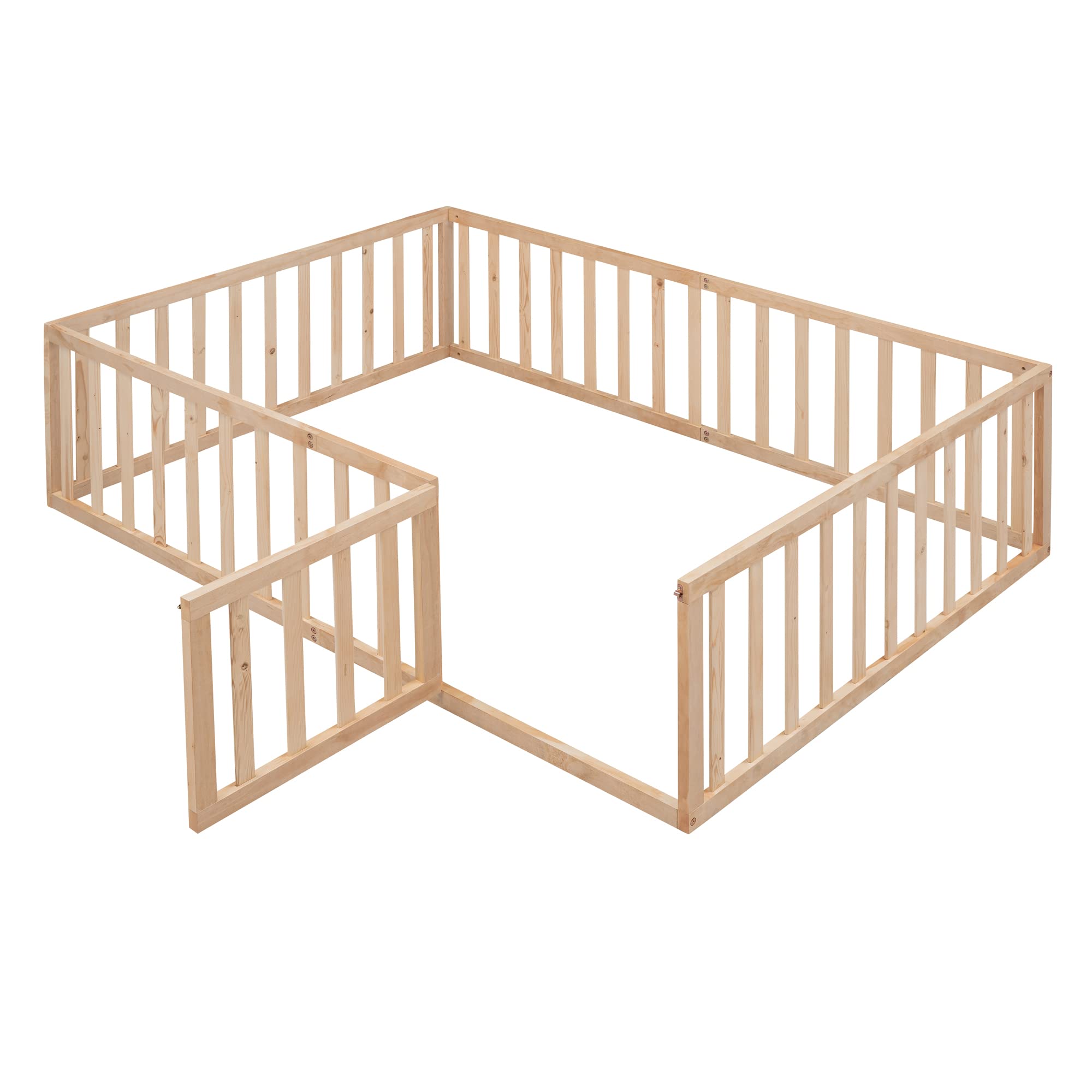 MERITLINE Full Size Wooden Bed Frame with Safety Fence for Kids Over 6 Years | Montessori Floor Bed with Door | Easy Assembly, No Box Spring Needed (Natural) - Perfect for Kids' Bedrooms, Playrooms & Montessori Learning Spaces