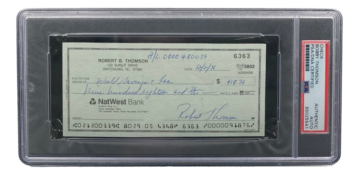 Bobby Thomson New York Giants Autographed Bank Check with PSA/DNA Certification 85025541 - Perfect for Sports Memorabilia Collectors and Baseball Fans Display