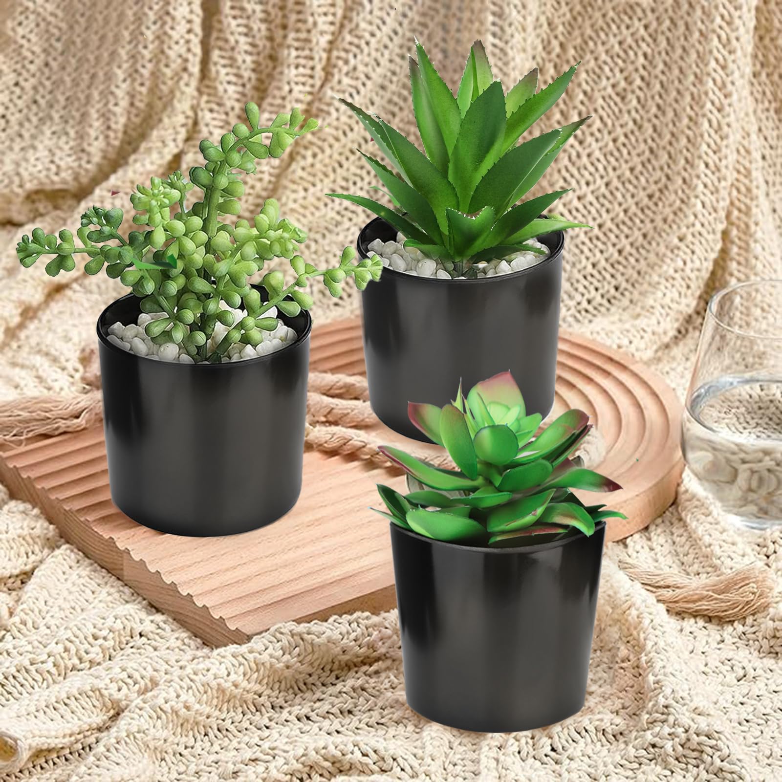 Hopewood Artificial Succulents - Set of 3 Realistic Faux Potted Plants in Black Pots for Home & Office Decor | Perfect for Bookshelves, Desks, Kitchen, Bathroom & Indoor Spaces