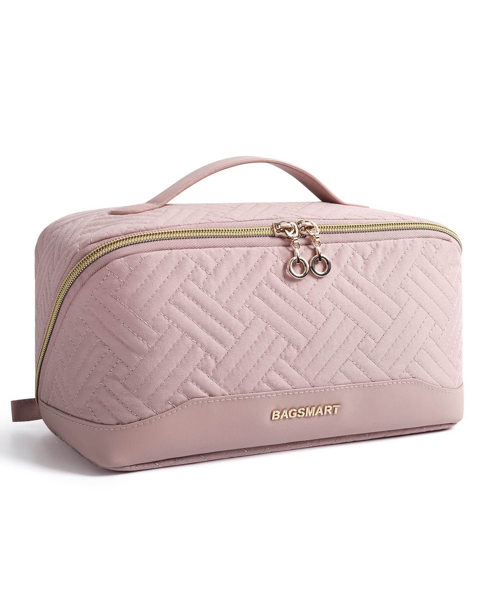 BAGSMART Water-Resistant Makeup Bag for Women - Travel Cosmetic Organizer with Flat Opening Design, Portable Toiletry Pouch for Brushes & Beauty Essentials (Pink) | Perfect for Travel, Gym & Daily Makeup Storage