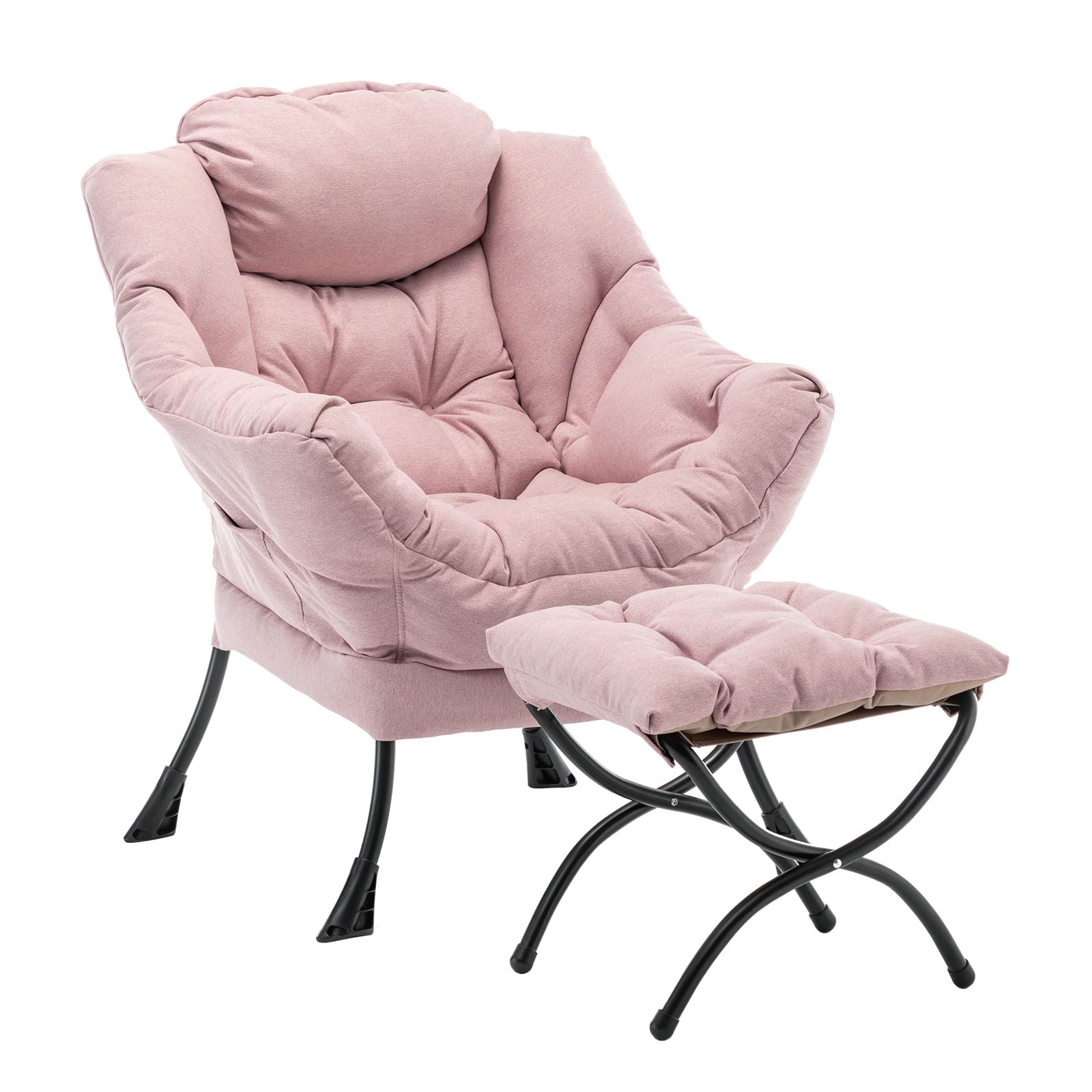 Modern Accent Lounge Chair with Ottoman - Pink Contemporary Leisure Sofa with Armrests & Folding Footstool Set for Reading, Relaxing in Living Room, Bedroom or Office - Comfortable Seating Solution for Small Spaces & Home Decor