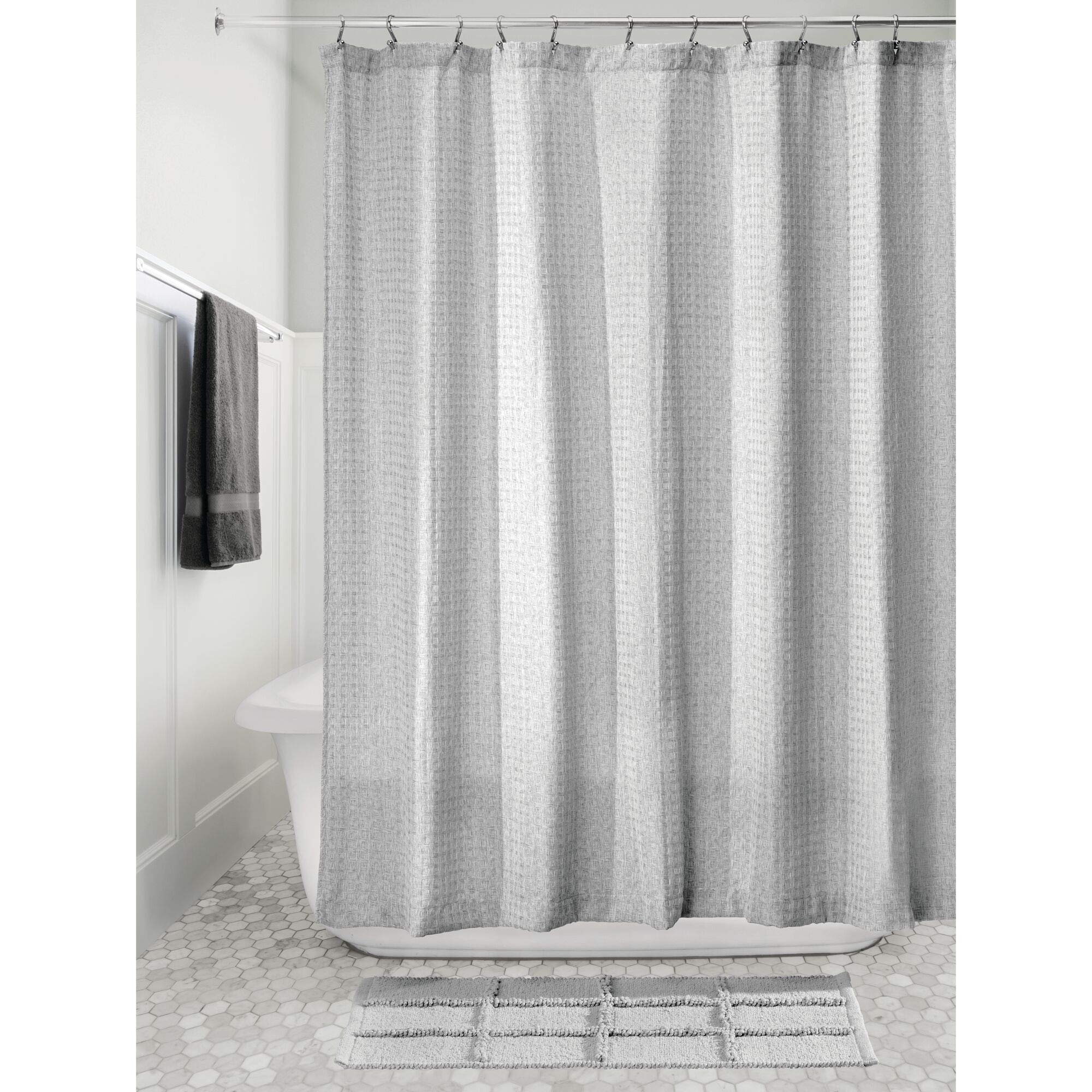 InterDesign Waffle Weave Fabric Shower Curtain - Luxury Hotel Style for Master, Guest & Kids Bathrooms - Waterproof & Durable for Bathtubs & Shower Stalls - Heathered Gray - Perfect for Spa-Like Bathroom Decor