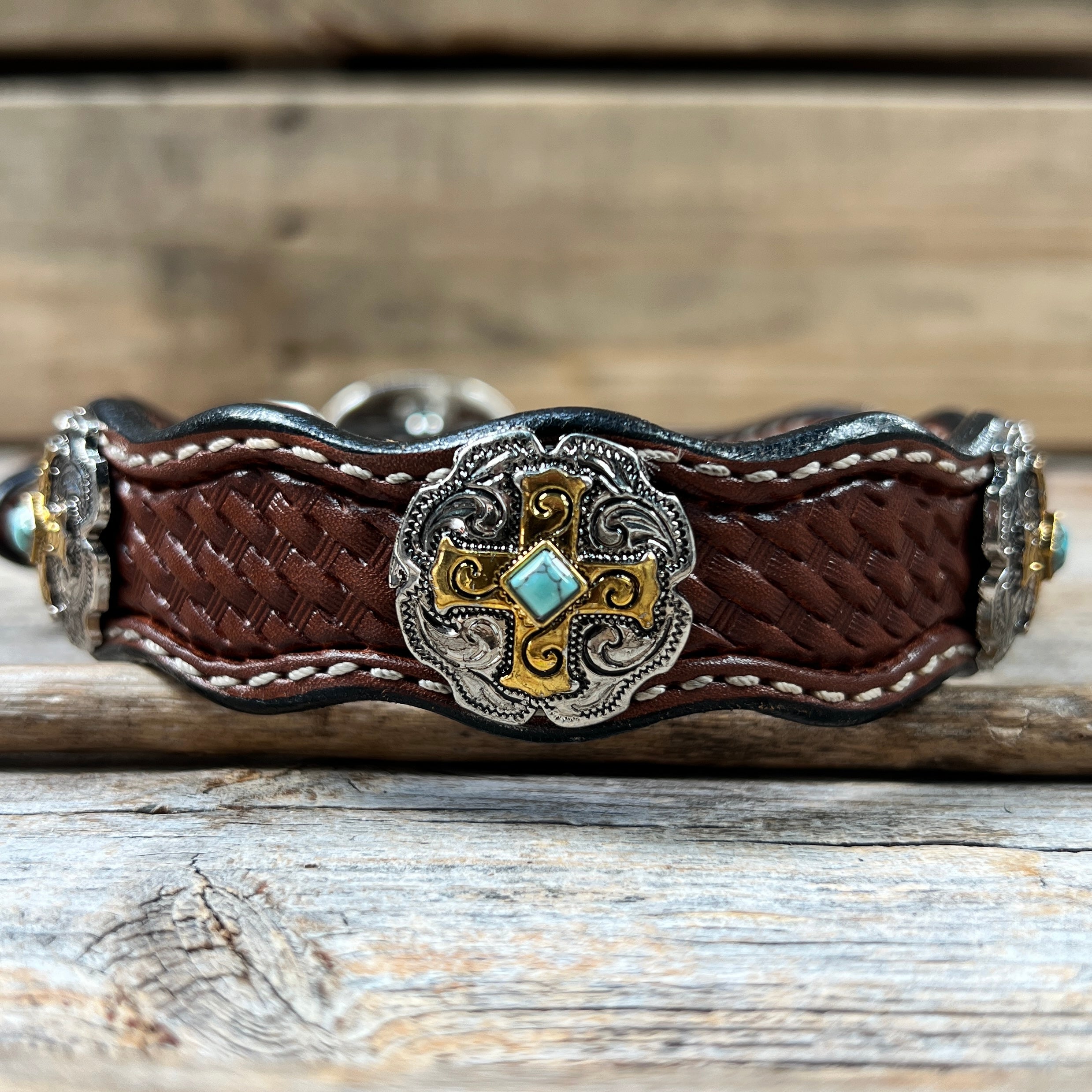 Premium Genuine Leather Dog Collar with Gold Cross Conchos - Adjustable Size 10-22 Inches (W189S DC63) - Perfect for Small to Medium Dogs, Training & Fashion Accessory