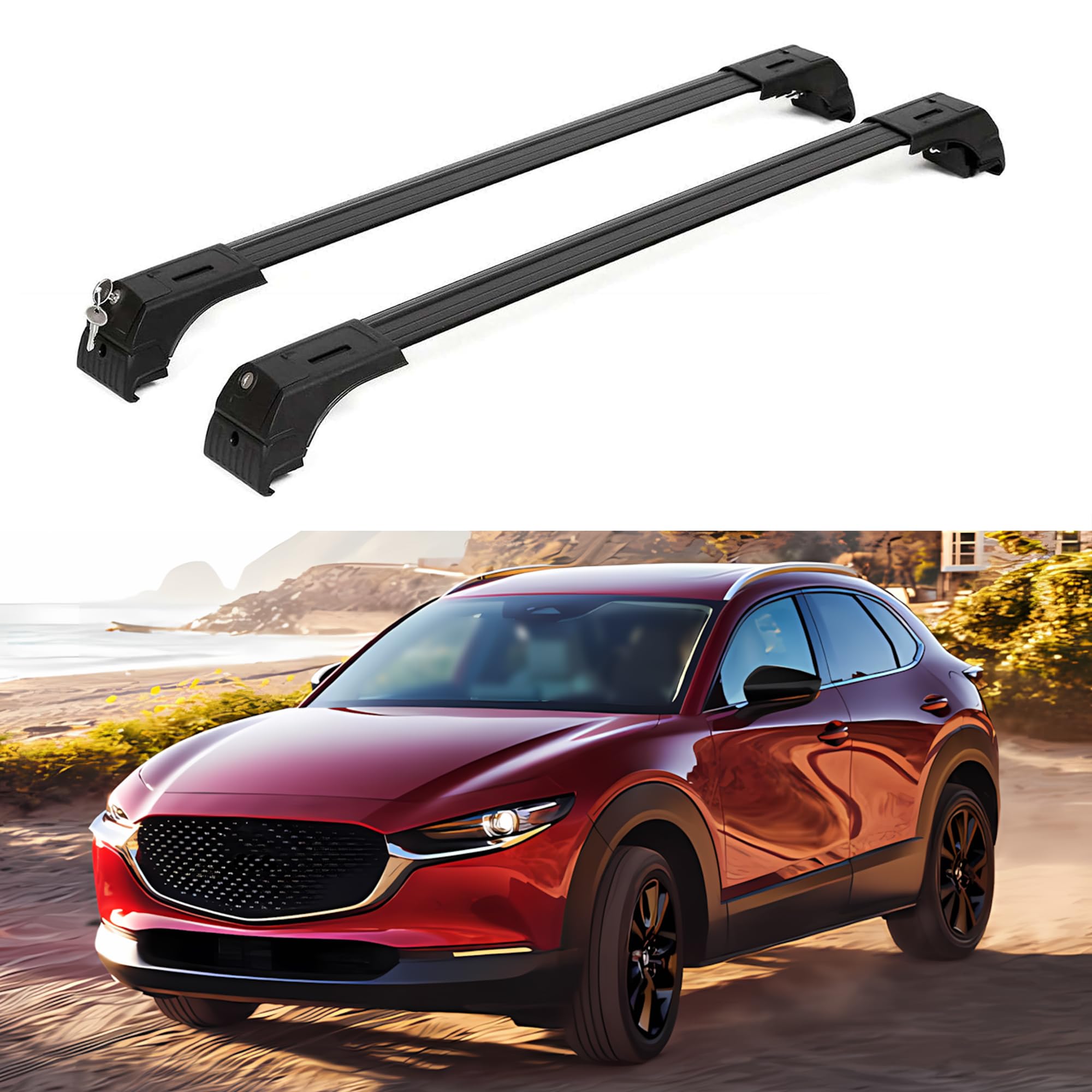 ERKUL Aluminum Roof Rack Cross Bars for Mazda CX-30 2020-2025 | Anti-Theft Locking System | Flush Rail Compatible | Heavy-Duty Cargo Carrier for Camping, Kayaking & Road Trips (Black)