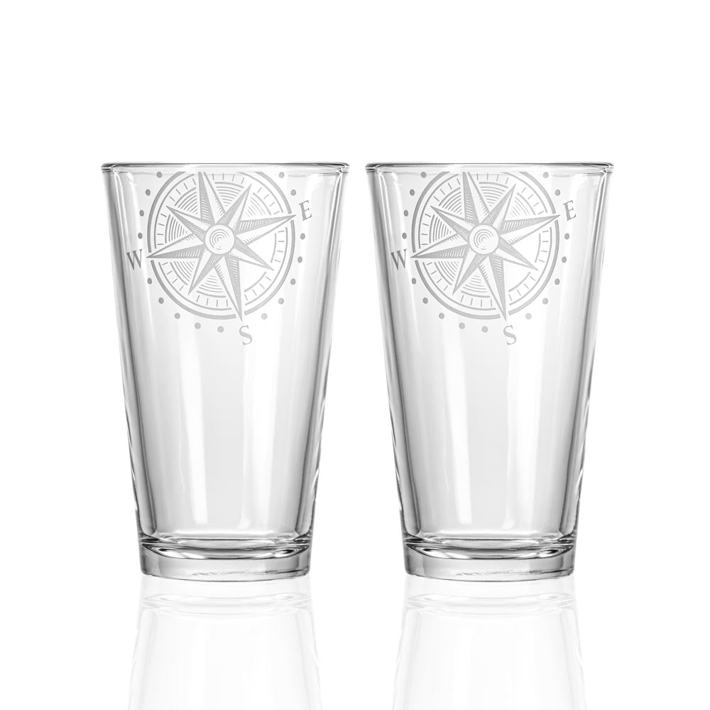 Compass Star 16oz Beer Pint Glasses - Set of 2 | Durable Barware for Home, Pub & Party Use | Perfect for Craft Beer, Cocktails & Iced Beverages