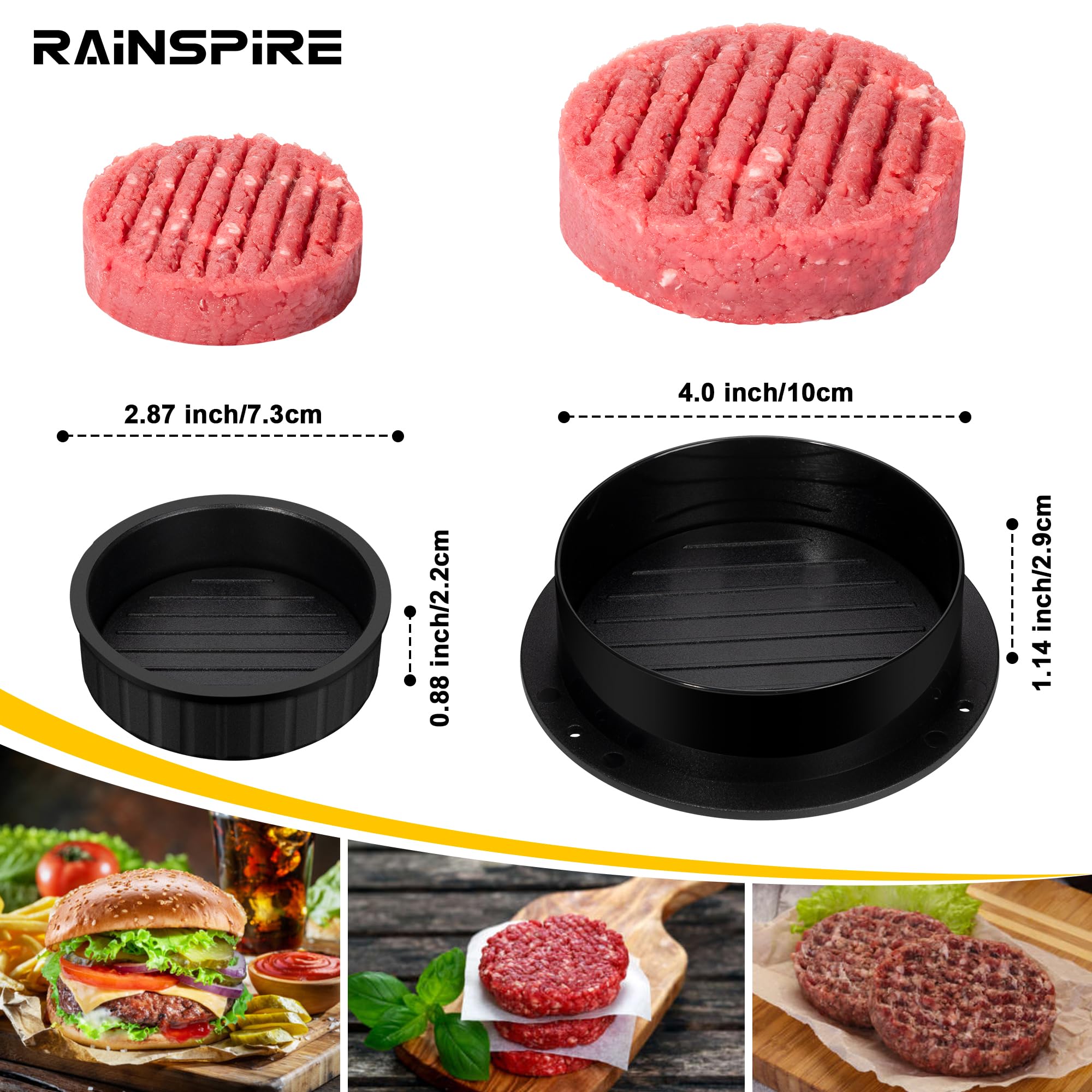 **Rainspire 3-in-1 Non-Stick Hamburger Patty Maker Press – Perfect for Stuffed Burgers, Sliders, Beef Patties – Ideal for BBQ, Grilling & Home Cooking (Black)**