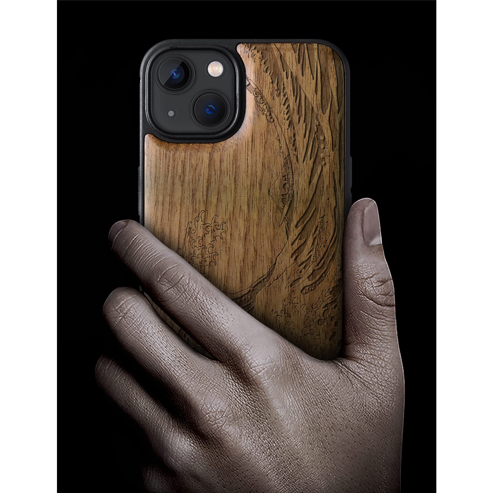 Carveit Magnetic Wooden iPhone 13 Case - Natural Walnut Wood & Shockproof TPU Bumper - MagSafe Compatible Protective Cover with Great Wave Off Kanagawa Design - Perfect for Business Professionals & Nature Lovers
