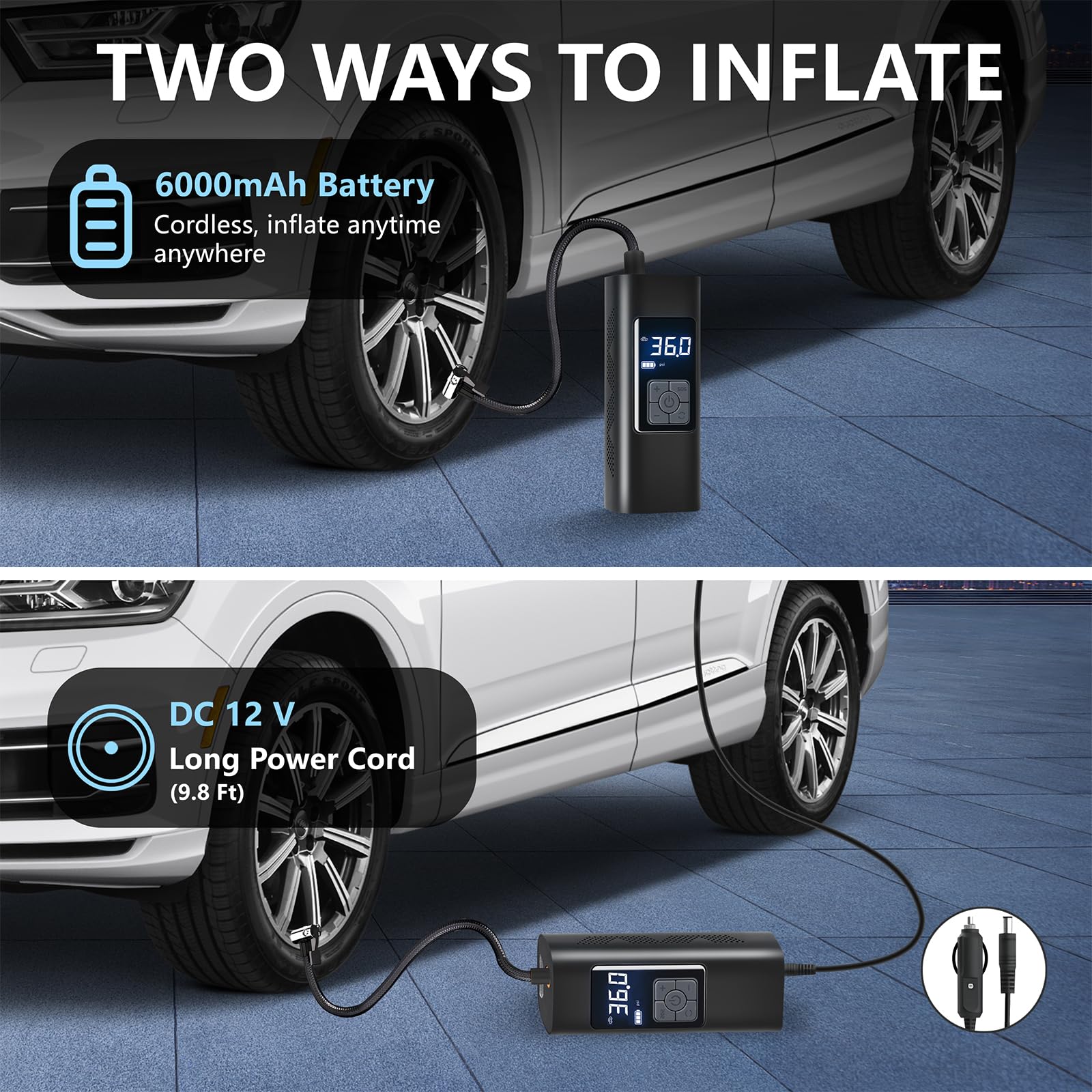 Portable Air Compressor for Car Tires - 6000mAh Battery & 12V DC Power, LCD Digital Pressure Gauge, Fast Inflation Pump for Cars, Motorcycles, Bikes, SUVs - Perfect for Road Trips, Emergency Flat Tire Repair & Garage Use