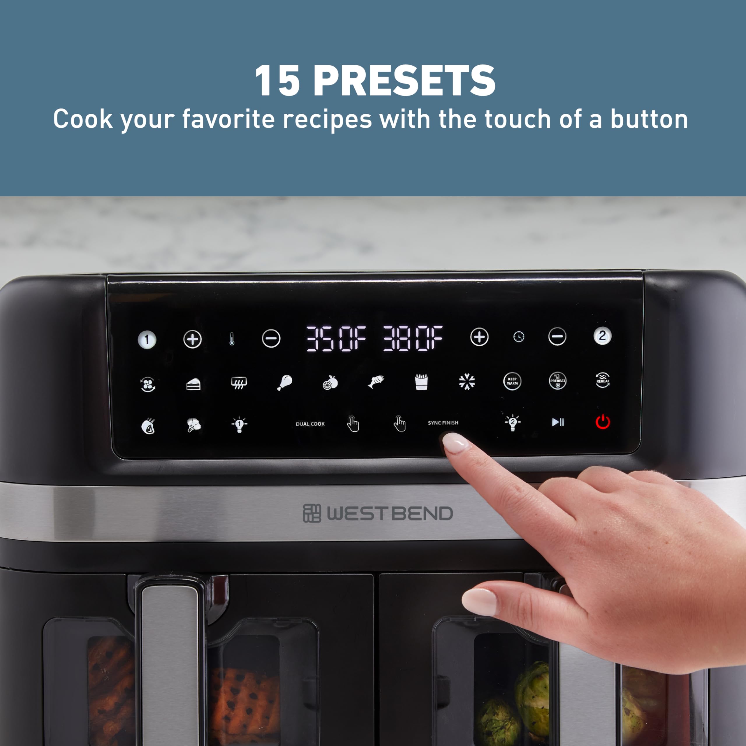 West Bend 10-Quart Dual Basket Air Fryer with Digital Controls, View Windows & 15 Presets - Nonstick Frying Baskets, Dual Zone Cooking, 1600W - Perfect for Family Meals, Healthy Snacks & Quick Weeknight Dinners - Black