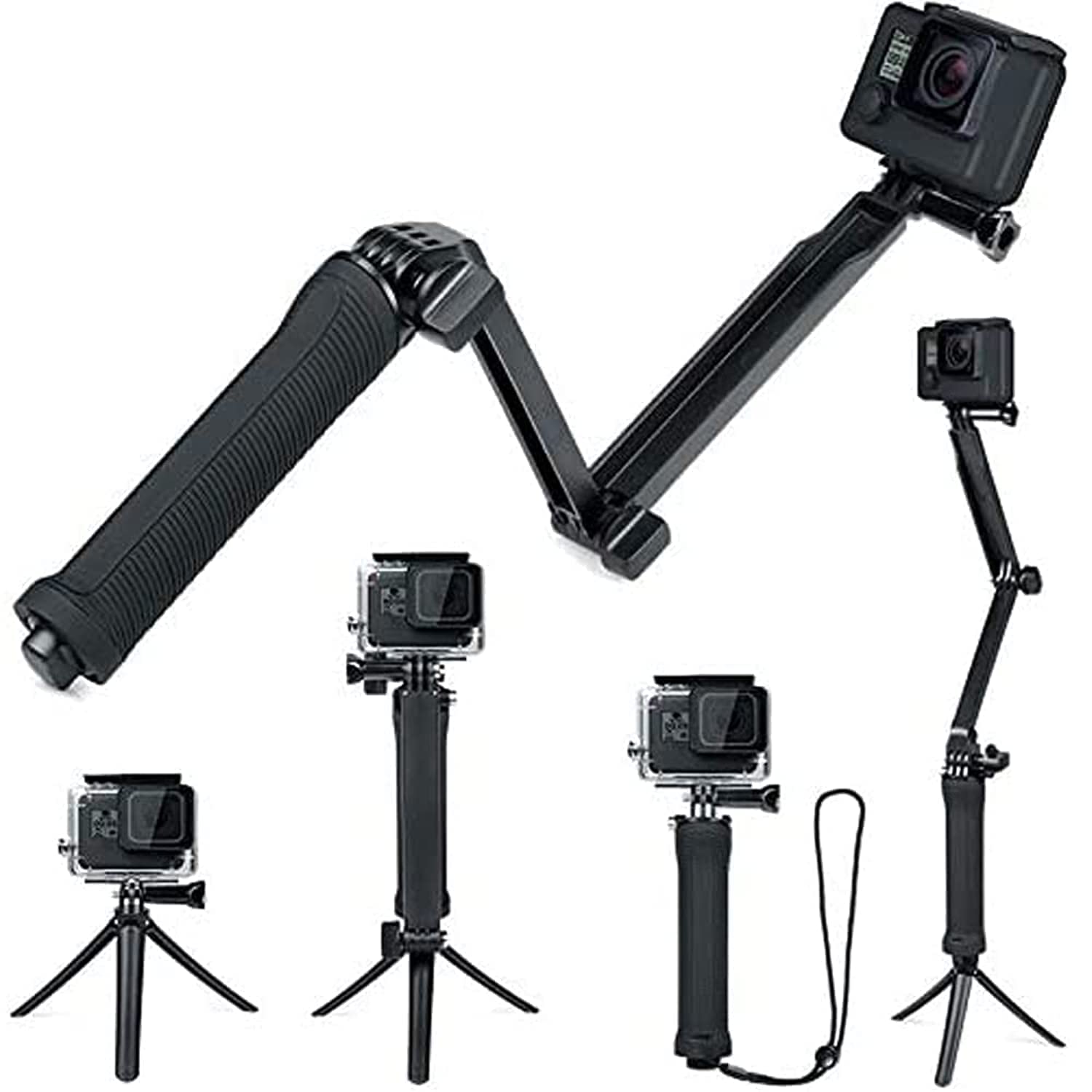FitStill 3-Way Selfie Tripod Hand Grip for GoPro 13/12/11/10/9/8/7/6/5/4/3 & DJI Action 5Pro/3/4 - Detachable Extendable Selfie Stick Pole Accessory for Vlogging, Travel, and Outdoor Adventures (Black)