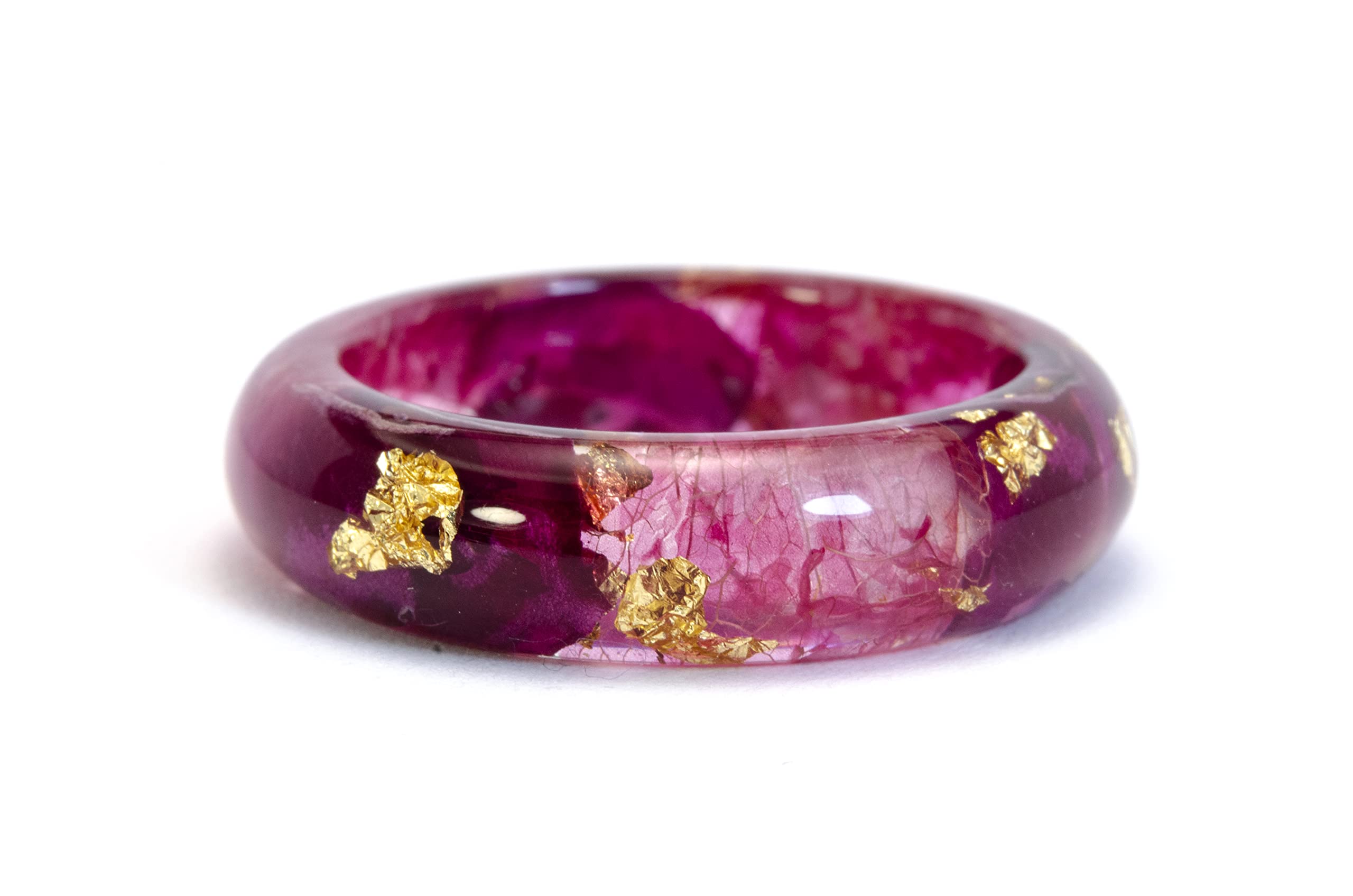 Eco Resin Flower Ring with Pressed Purple Orchid Petals & Gold Flakes - Dainty Clear Thin Ring for Women - Elegant Botanical Jewelry for Weddings, Date Nights & Special Occasions
