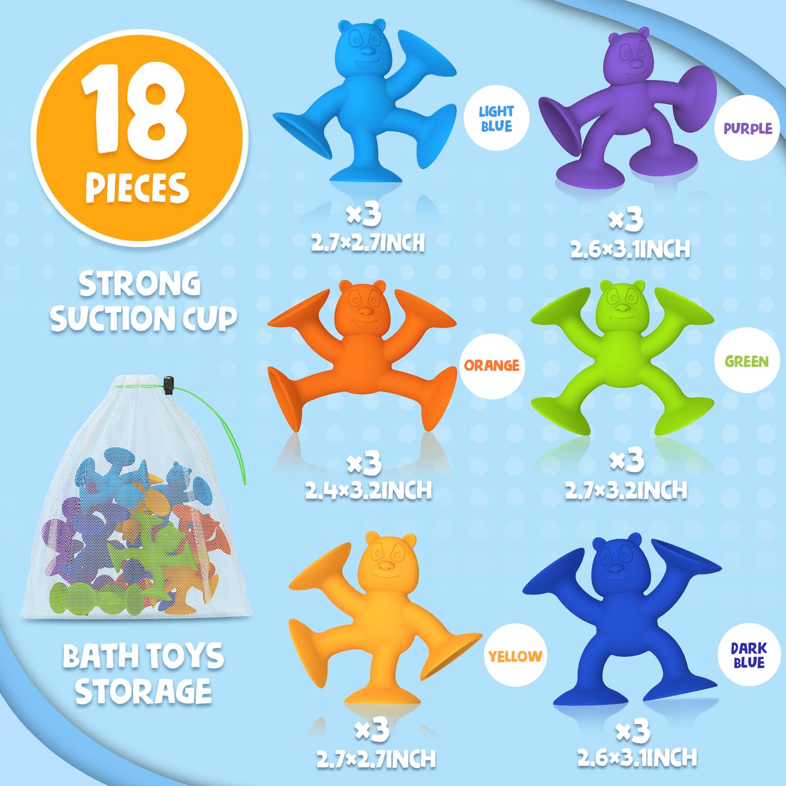 18-Piece Suction Cup Bath Toys for Toddlers & Kids Ages 1-8 | No-Hole Sensory Fidget Toys for Boys & Girls | Fun Bathtime & Stress Relief Play for Home, Travel & Classroom