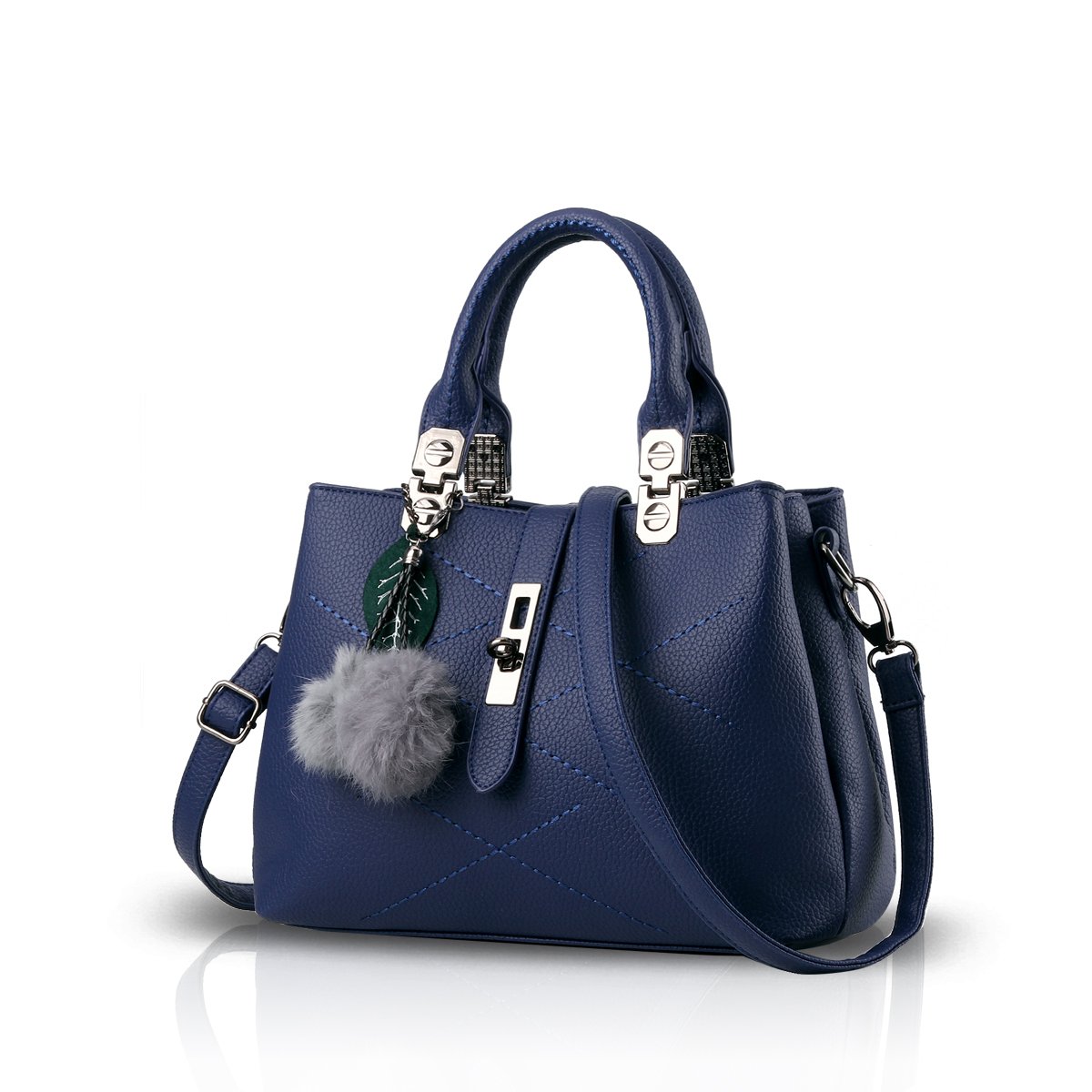 Nicole & Doris Women's Handbags - Stylish PU Leather Messenger Tote Shoulder Bag with Top Handle & Pompom Pendant, Waterproof & Durable (Blue) - Perfect for Work, Travel, and Everyday Use