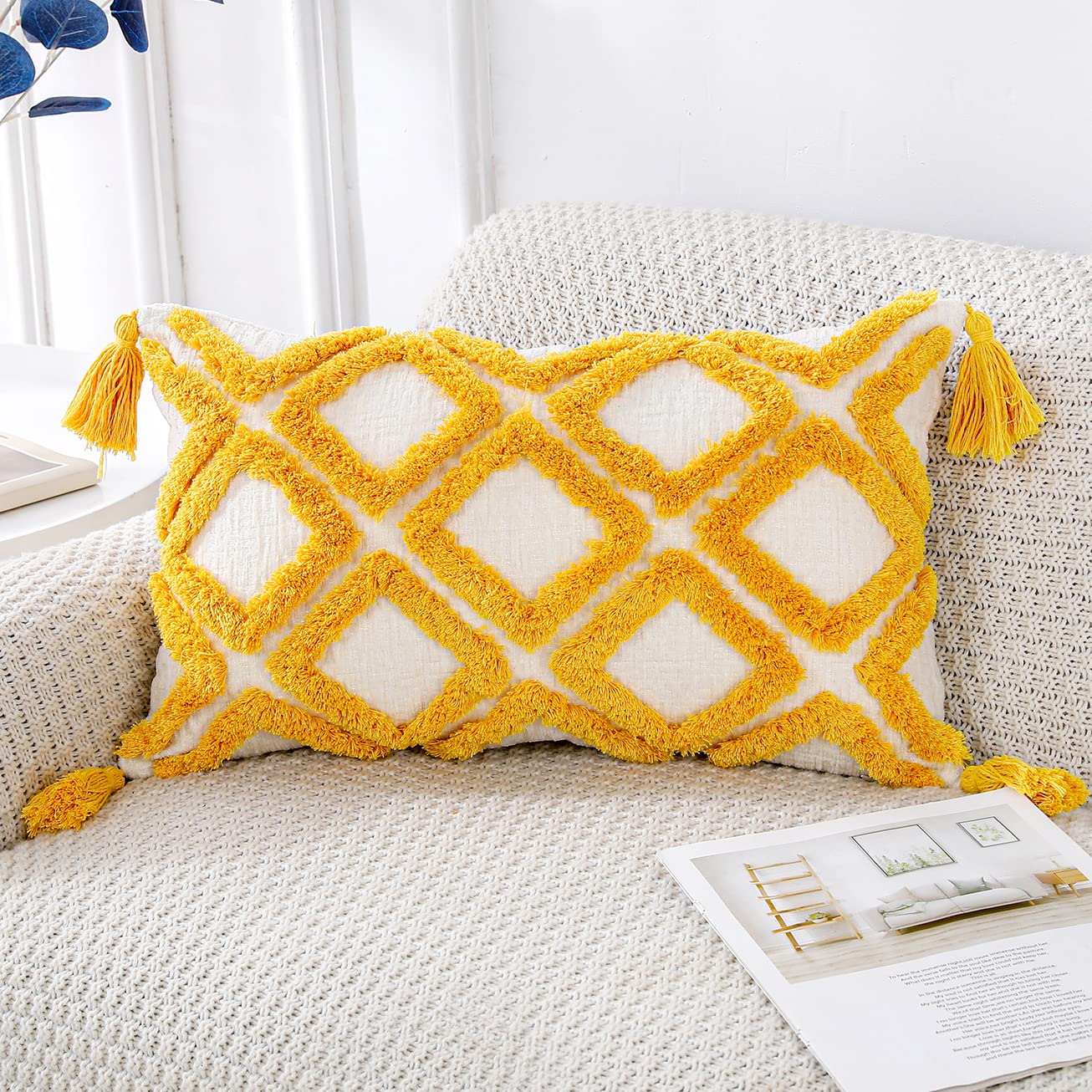 PANOD Super Soft Farmhouse Decorative Plush Throw Pillow Covers 12x20 Inch - Yellow Solid Diamond Pattern with Tassels, Tufted Boho Lumbar Cushion Cover for Sofa, Couch & Bed - Cozy Home Decor Accent Pillow Case for Living Room, Bedroom
