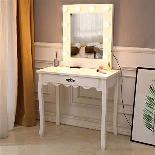 White Vanity Dressing Table with Generous Mirror, Single Pumping Foot & Bulb Warmer - Perfect for Bedroom Makeup, Hair Styling & Beauty Routine [US-W] FCH