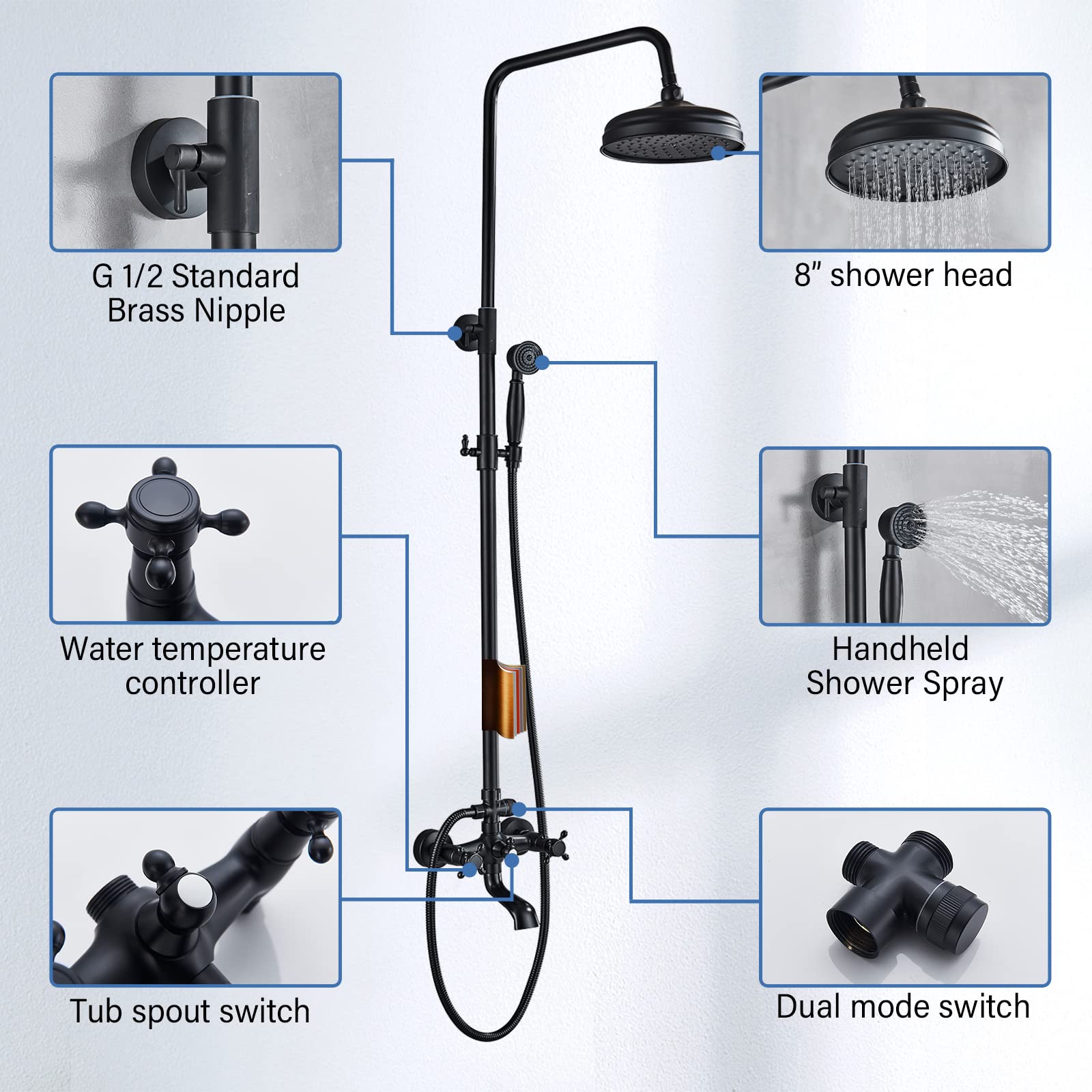 AlenArt Matte Black Outdoor Shower Faucet Set - 8 Inch Rainfall Shower Head with Handheld Spray, Tub Spout & Double Cross Handle - Wall Mounted Bathroom Fixture for Patio, Poolside & Garden Use