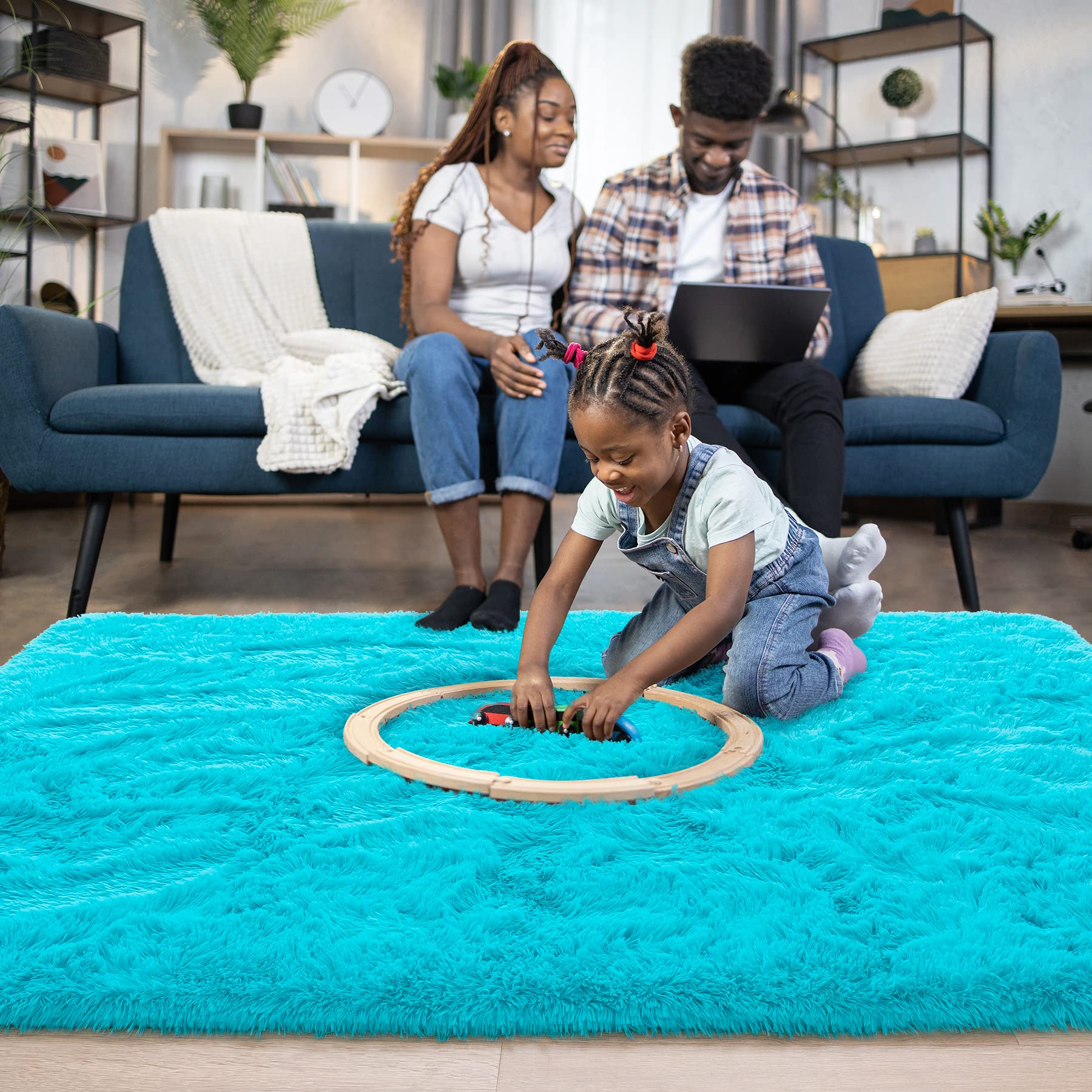 Noahas Fluffy Teal Blue Shag Rug 6x9 Feet - Ultra Soft Plush Area Rug for Living Room, Bedroom, Nursery - Thick Fuzzy Carpet for Kids Room, Dorm, Cozy Home Decor (Perfect for Floor Seating, Play Areas & Relaxation Spaces)