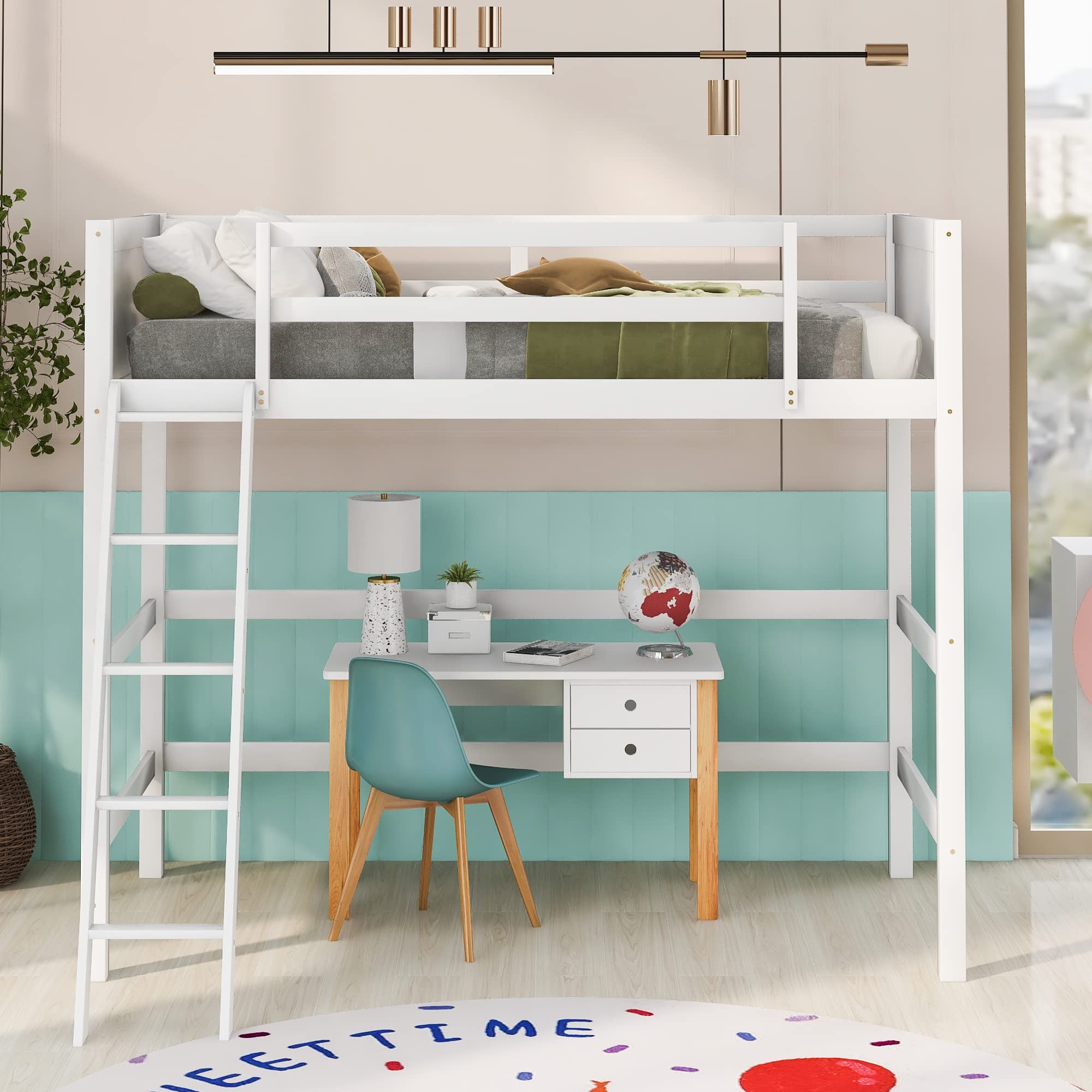 Merax Twin Size Loft Bed with Ladder & Storage Space - Solid Wood Bunk Bed with Safety Guardrail - No Box Spring Required - White - Perfect for Kids Rooms, Small Apartments & Dorm Rooms