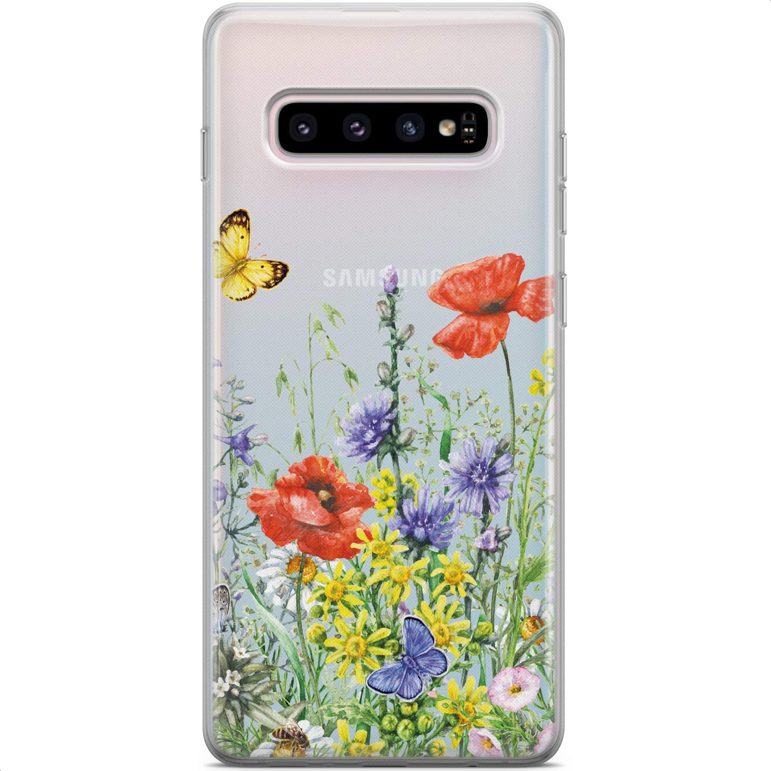 Samsung Galaxy S24 S23 Ultra S22 5G Plus S21 FE S20 S10 Case - Floral Poppies Butterfly Design Slim Silicone Cover | Lightweight Flexible Protective Phone Case | Perfect for Summer Outdoors, Travel & Daily Use