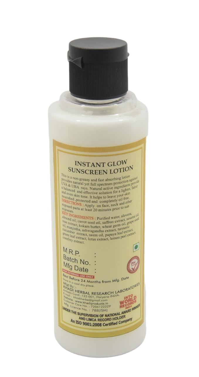 Khadi Natural Insta Glow Sunscreen Lotion SPF 50 for Face & Body - 210ml | UVA/UVB Protection, Non-Greasy, Vegan & Cruelty-Free | Daily Sunscreen for Radiant, Glowing Skin | Perfect for Beach, Outdoor & Daily Use