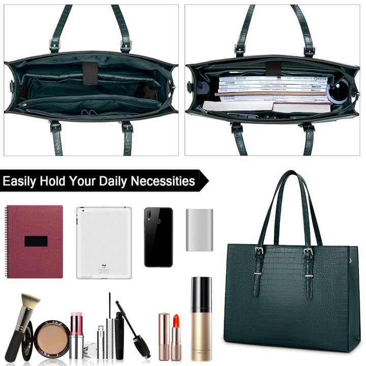 15.6 Inch Leather Laptop Tote Bag for Women - Waterproof Professional Business Office Shoulder Bag, Dark Green, Large Capacity, Ideal for Work, Travel, and Daily Commute