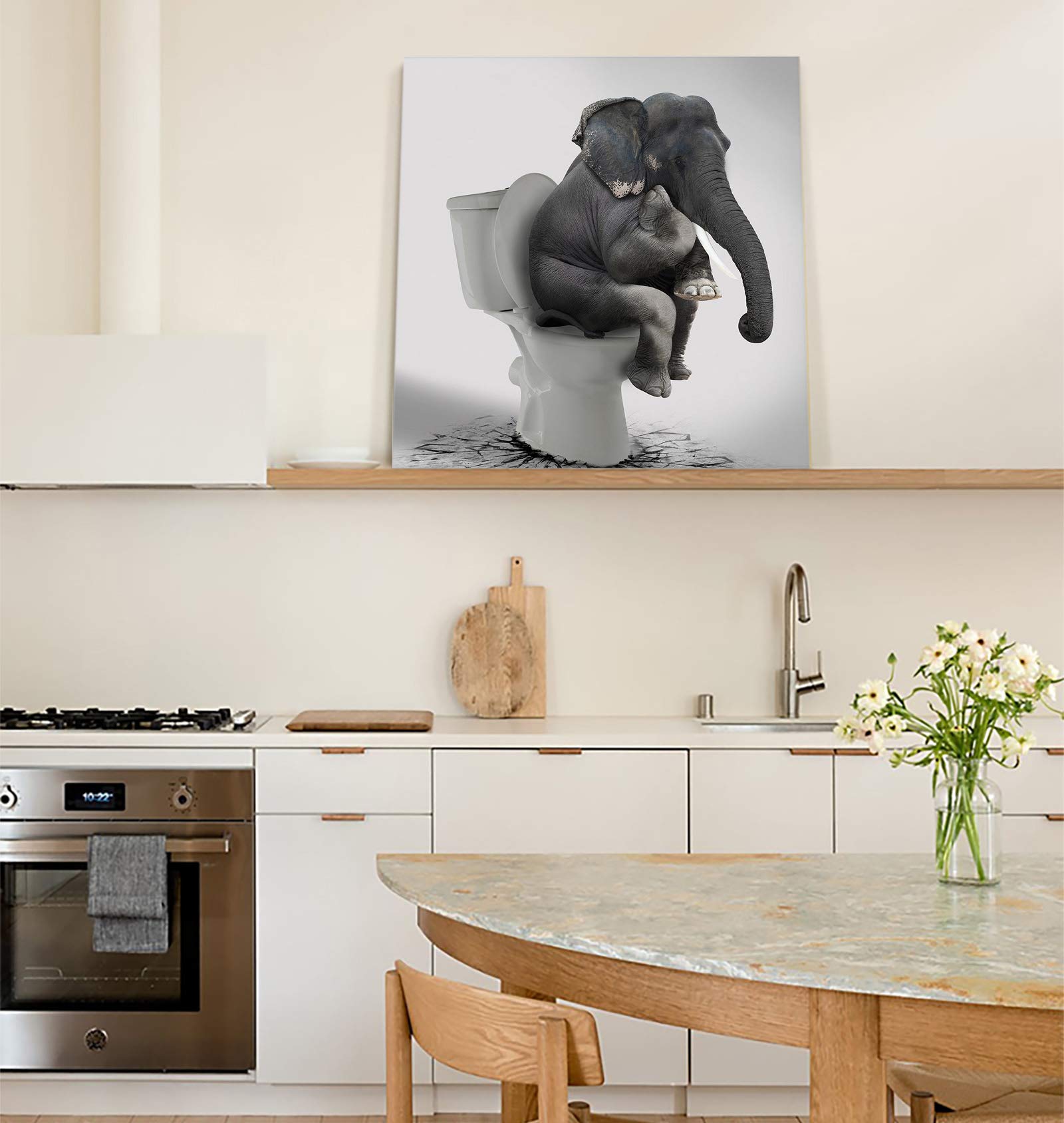 Elephant Sitting on Toilet Canvas Print - 12x12 Inch Framed Wall Art for Bathroom, Living Room, Bedroom & Kitchen Decor - Funny Animal Painting Ready to Hang - Perfect for Home, Office & Gift Giving